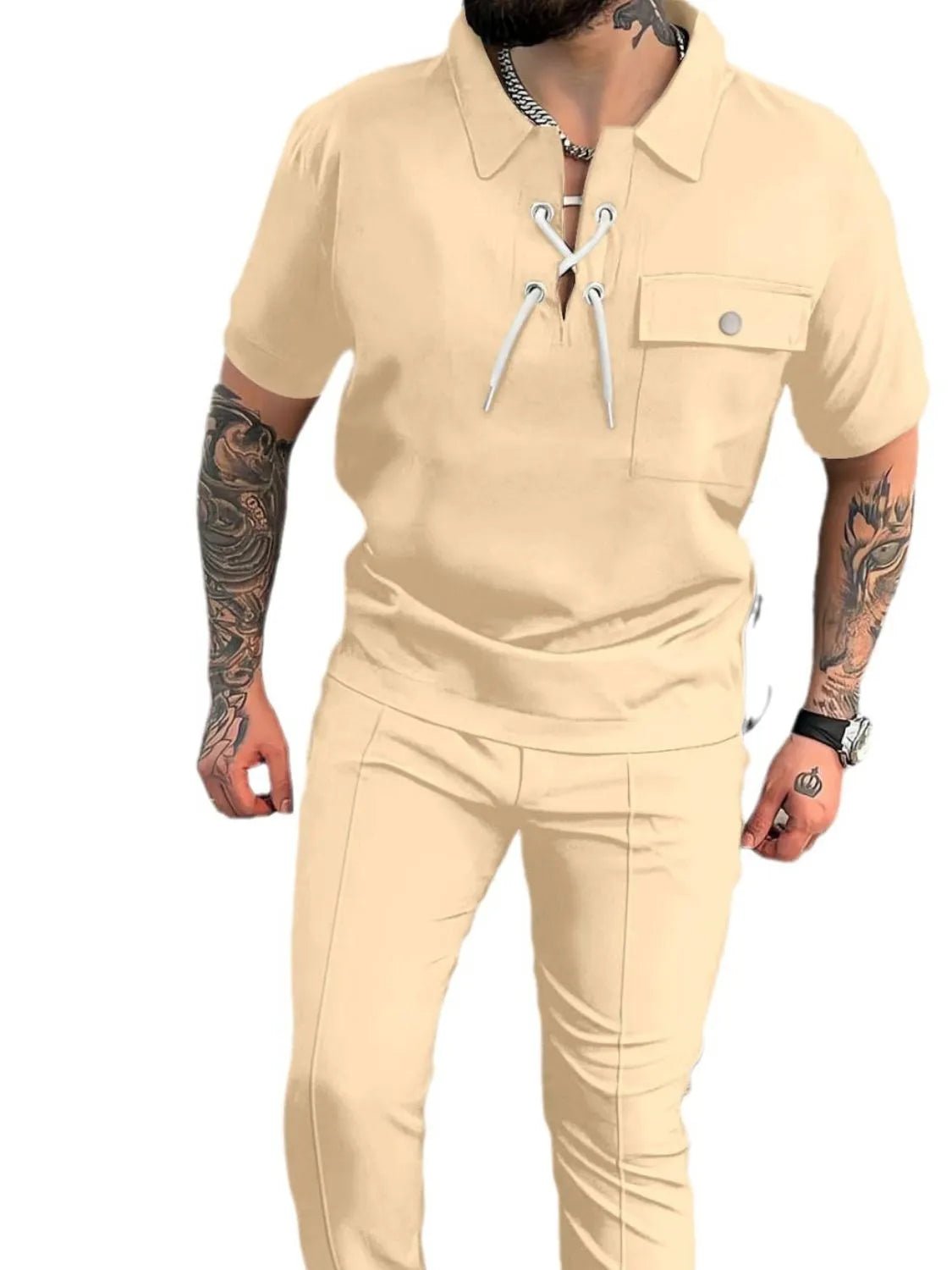 Men's Full Size Lace Up Short Sleeve Top and Pants Plus Size - Luxe Lane Apparel