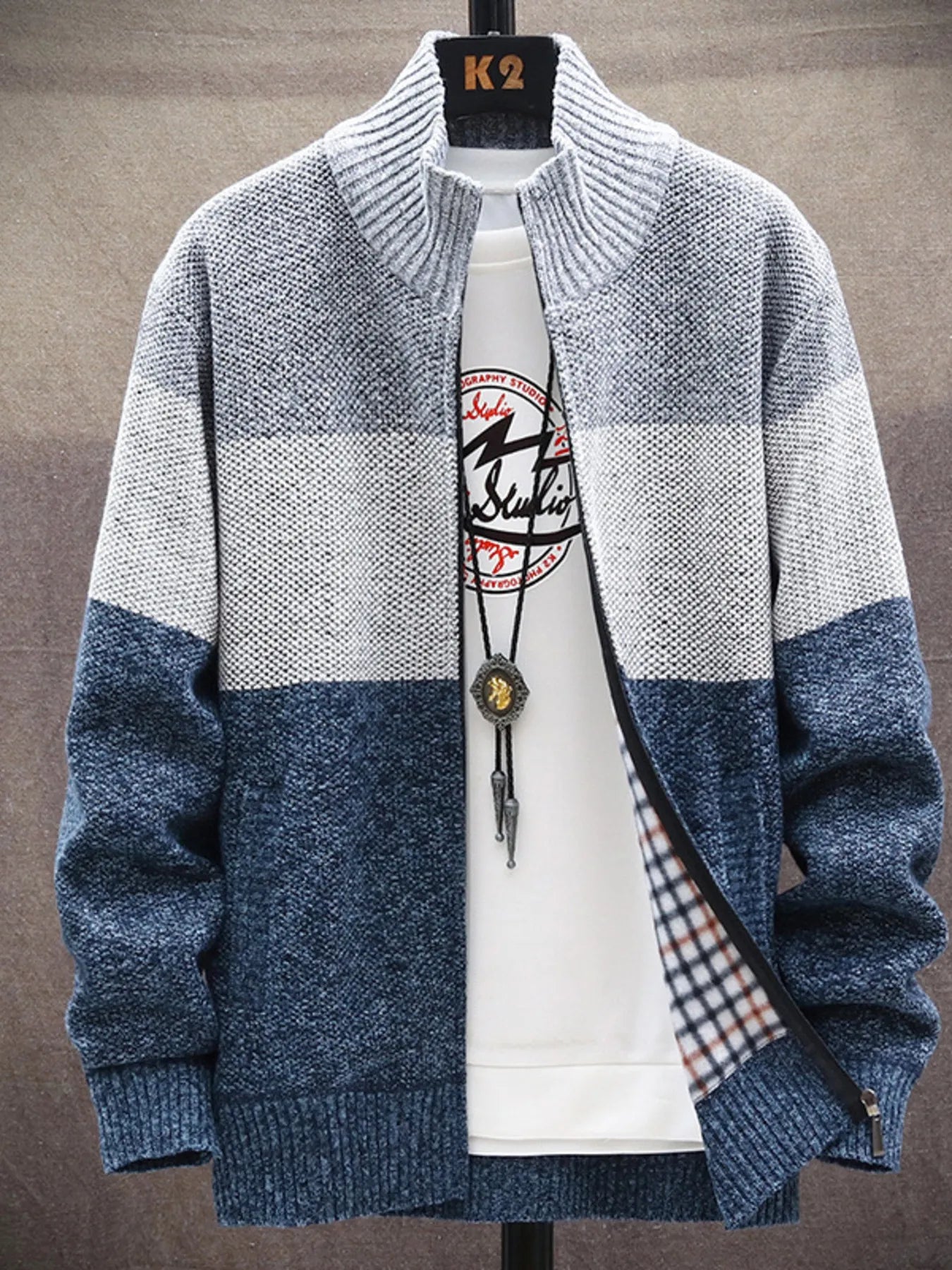 Men's Plus Size Color Block Zip Up Cardigan - Luxé Lane