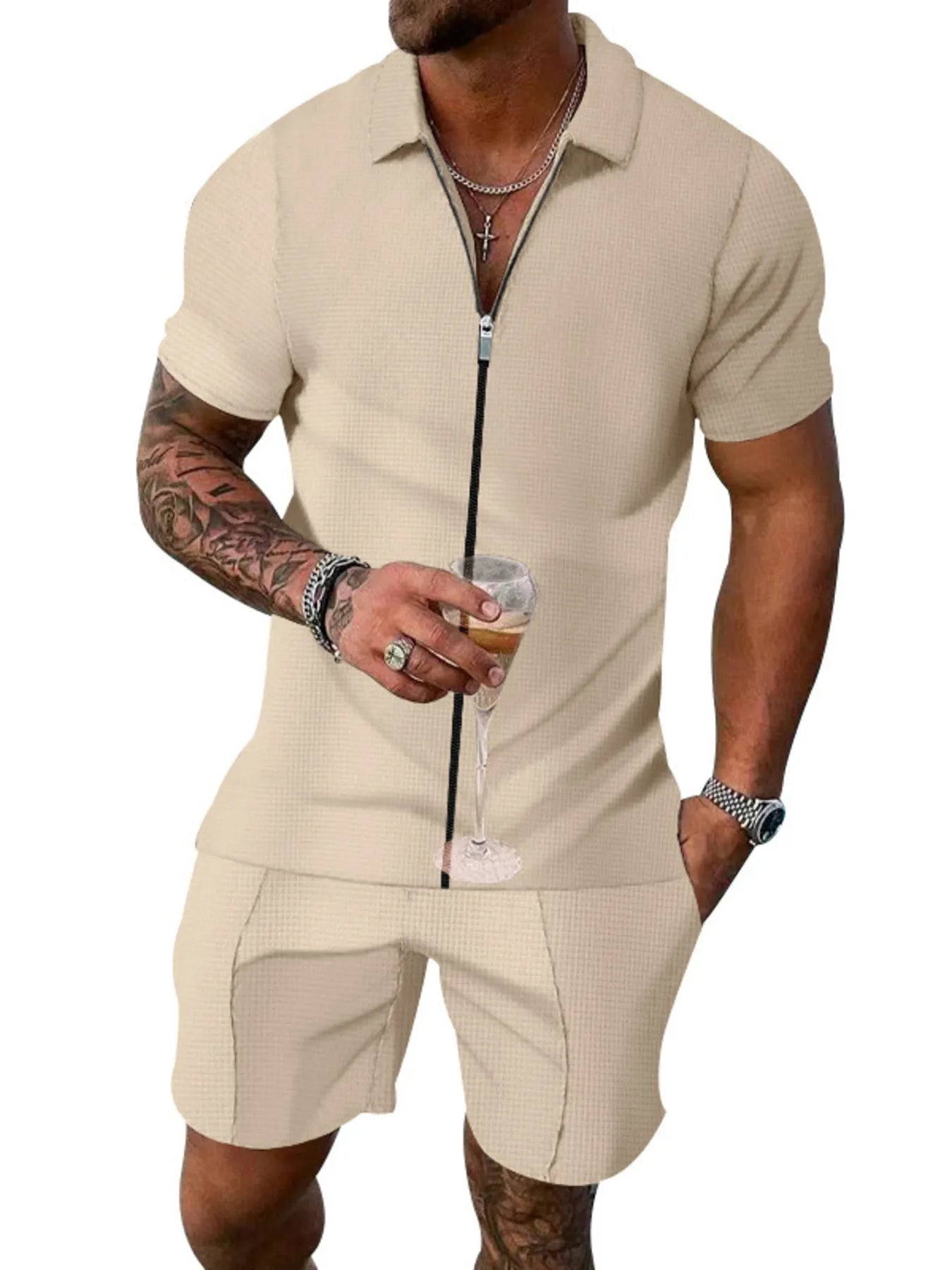 Men's Plus Size Zip Up Short Sleeve Top and Shorts Set - Luxé Lane