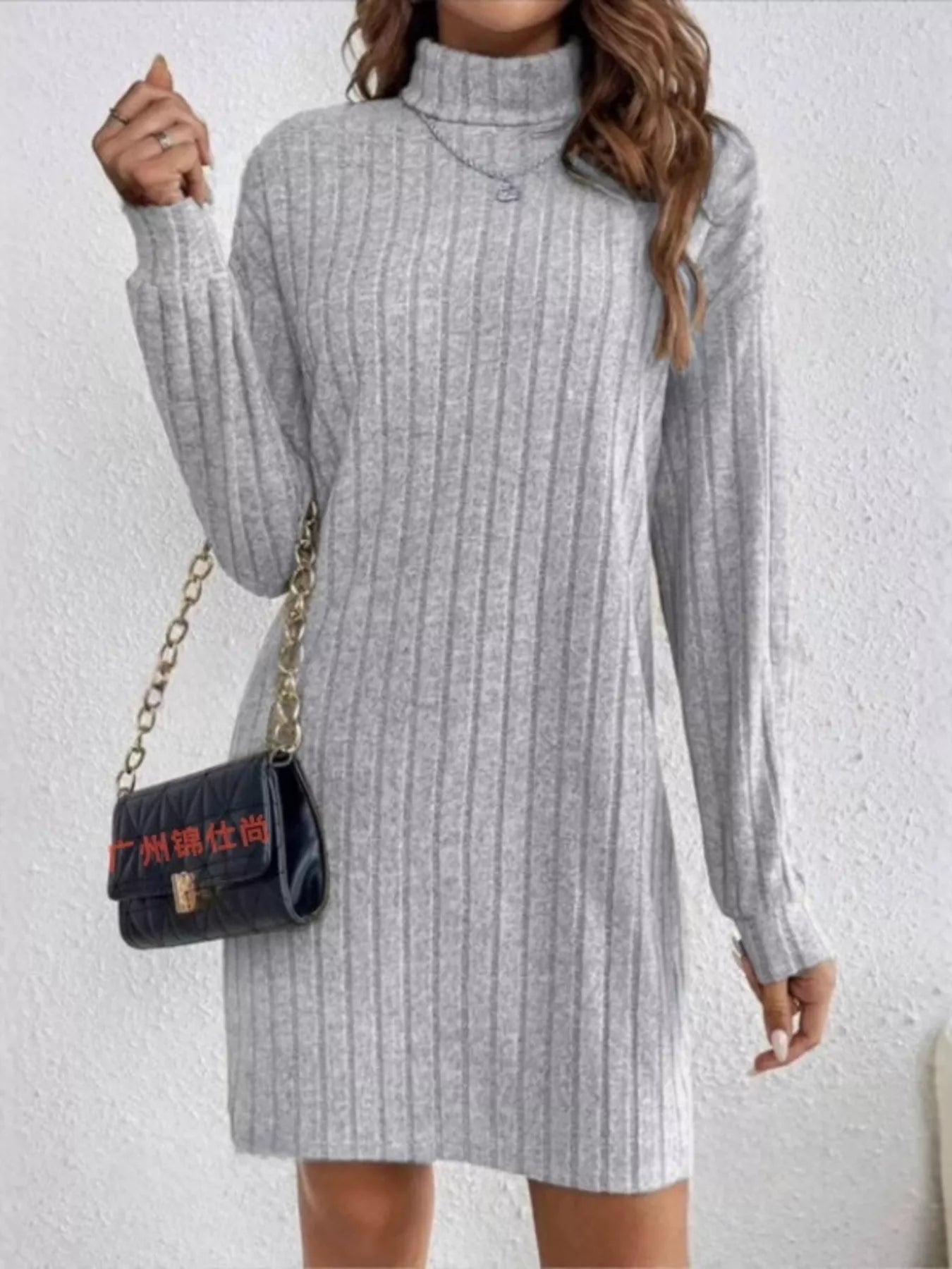 Ribbed Knit Turtleneck Mini Dress - Luxe Lane Apparel