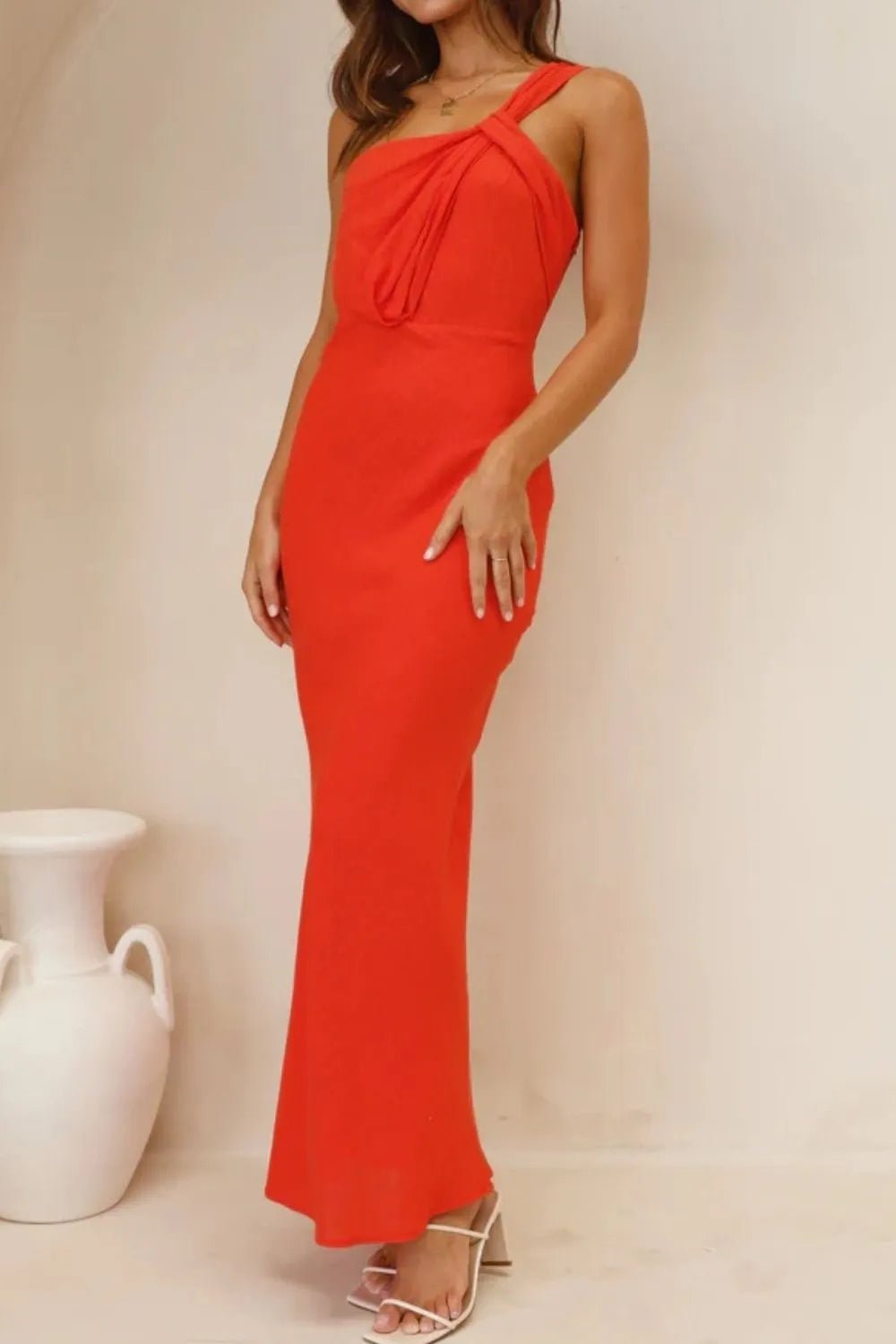 Ruched Single Shoulder Maxi Dress - Luxe Lane Apparel