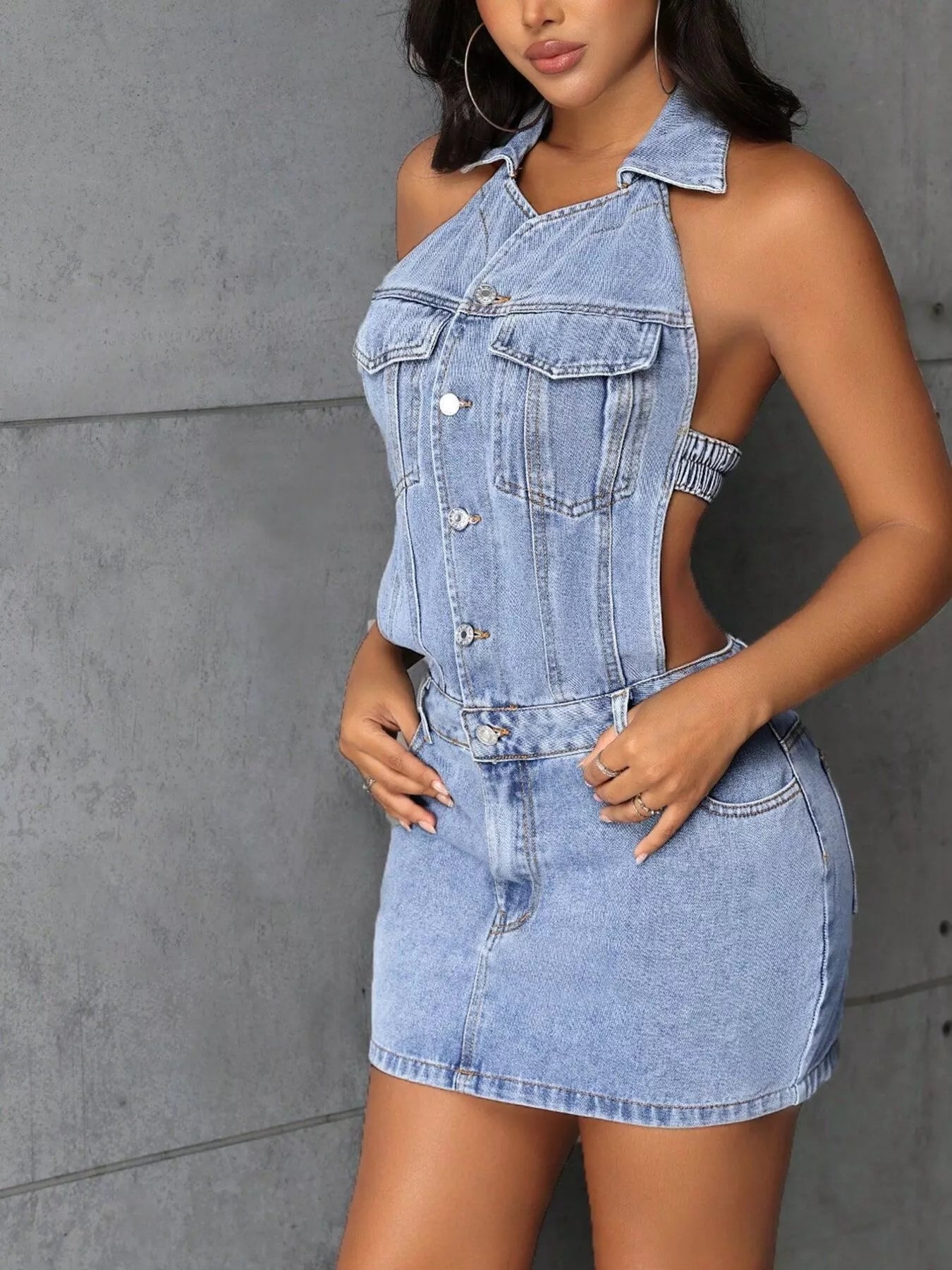Backless Sleeveless Button Front Denim Mini Dress - Luxé Lane