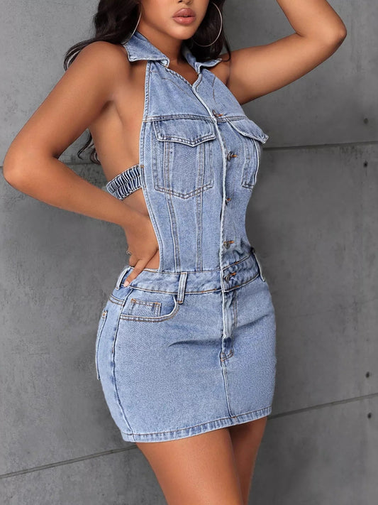 Backless Sleeveless Button Front Denim Mini Dress - Luxé Lane