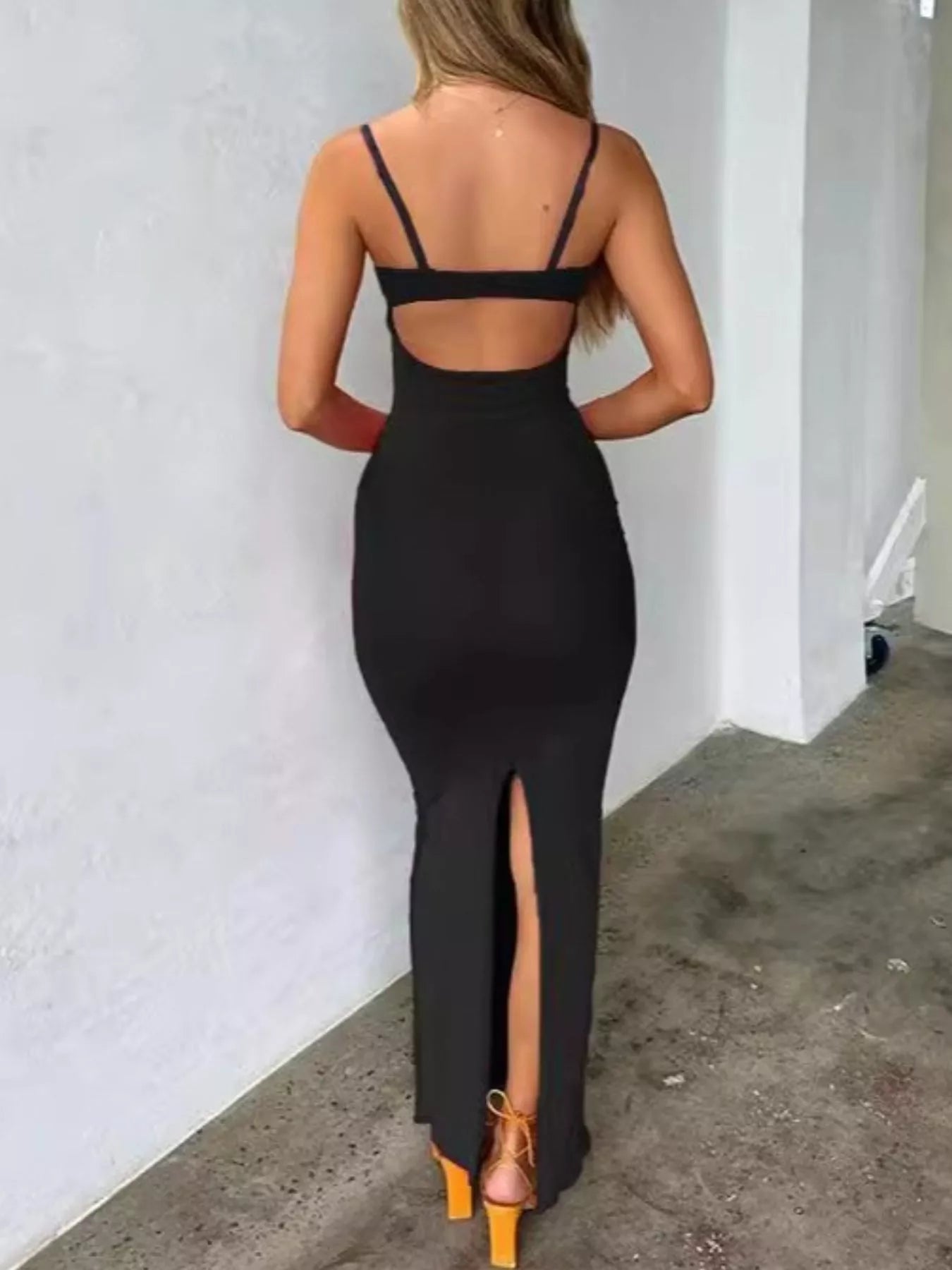 Lace Trim Cutout Back Bodycon Maxi Dress - Luxe Lane Apparel