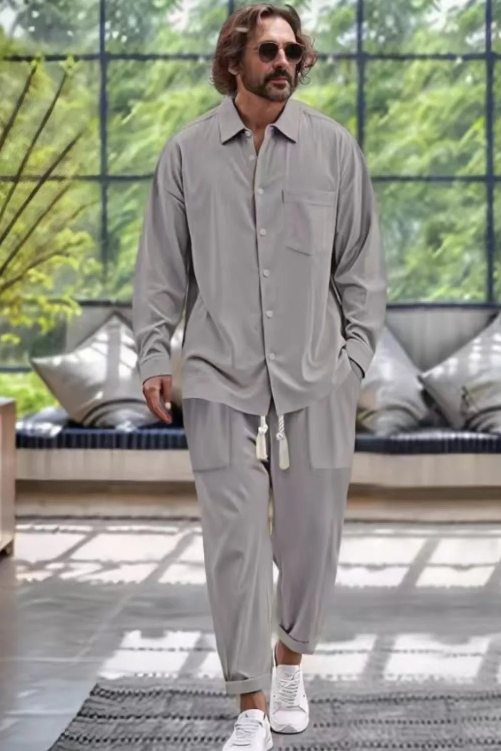 Men's Collared Neck Long Sleeve Top and Pants Set Plus Size - Luxe Lane Apparel