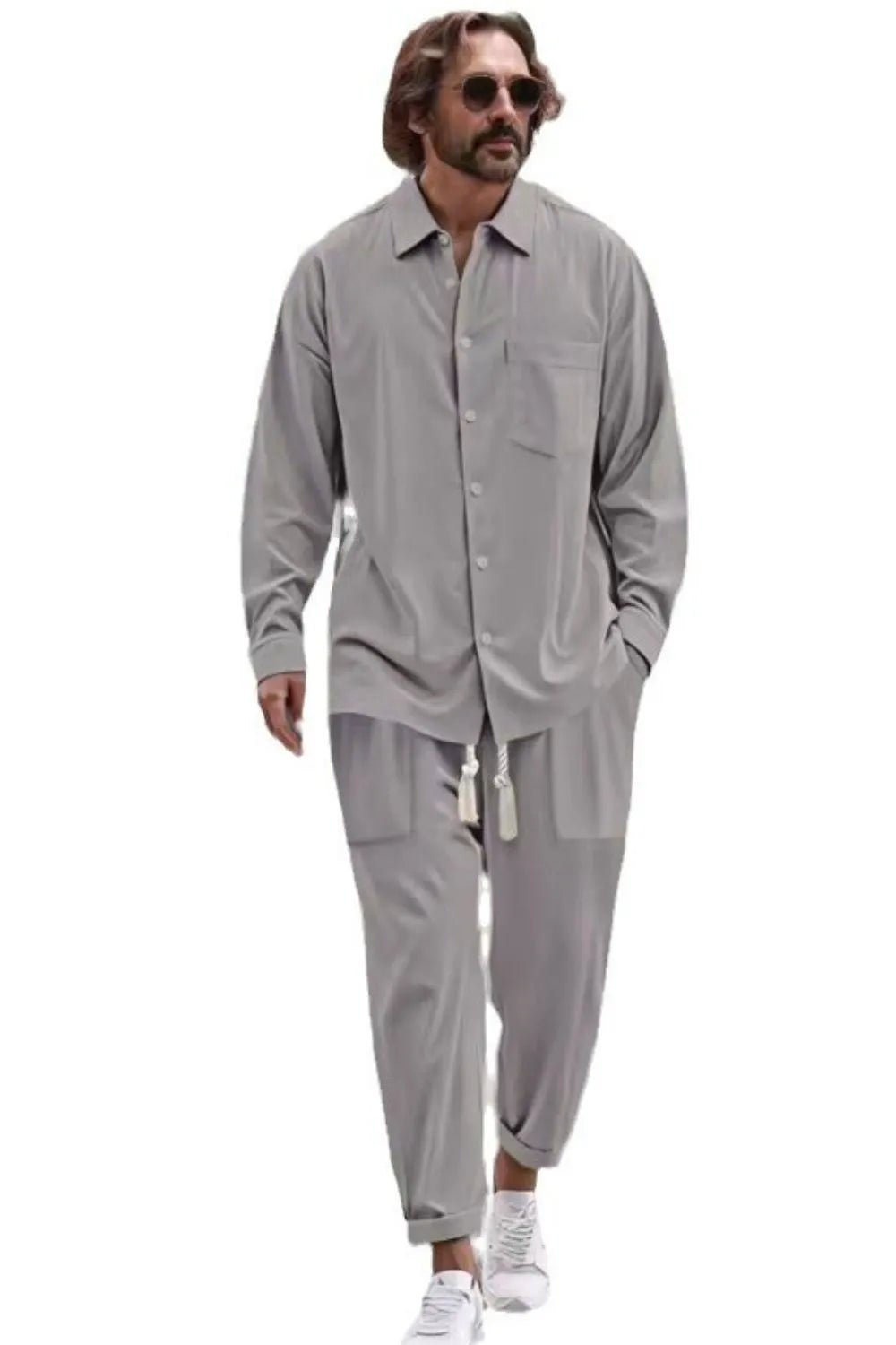 Men's Collared Neck Long Sleeve Top and Pants Set Plus Size - Luxe Lane Apparel