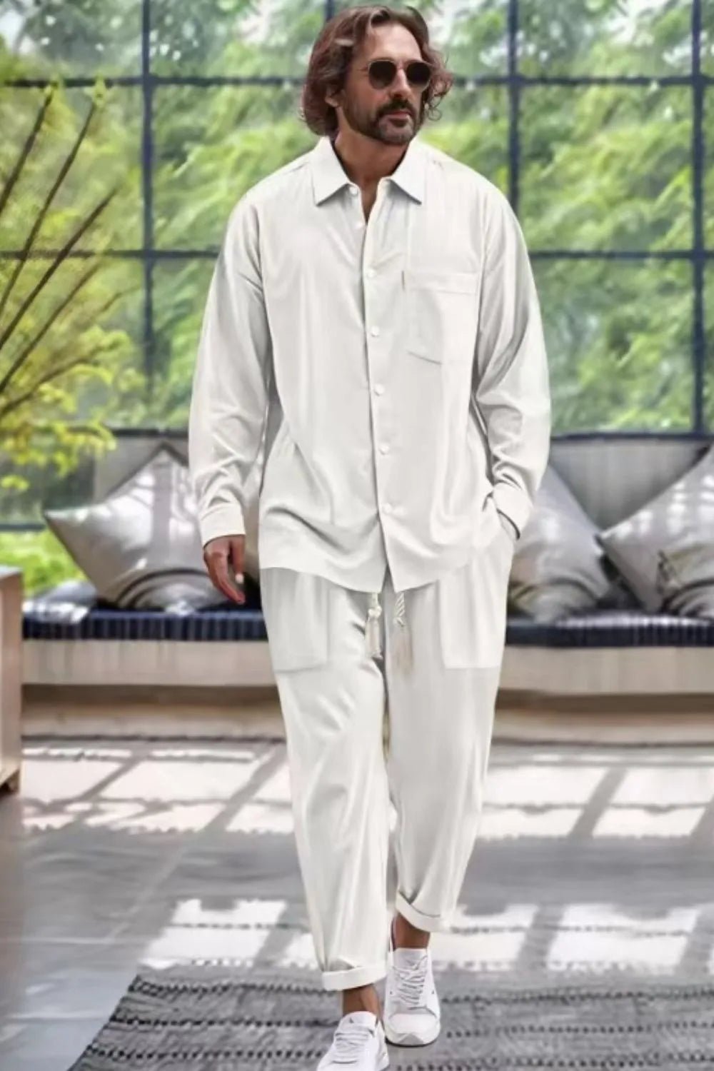 Men's Collared Neck Long Sleeve Top and Pants Set Plus Size - Luxe Lane Apparel