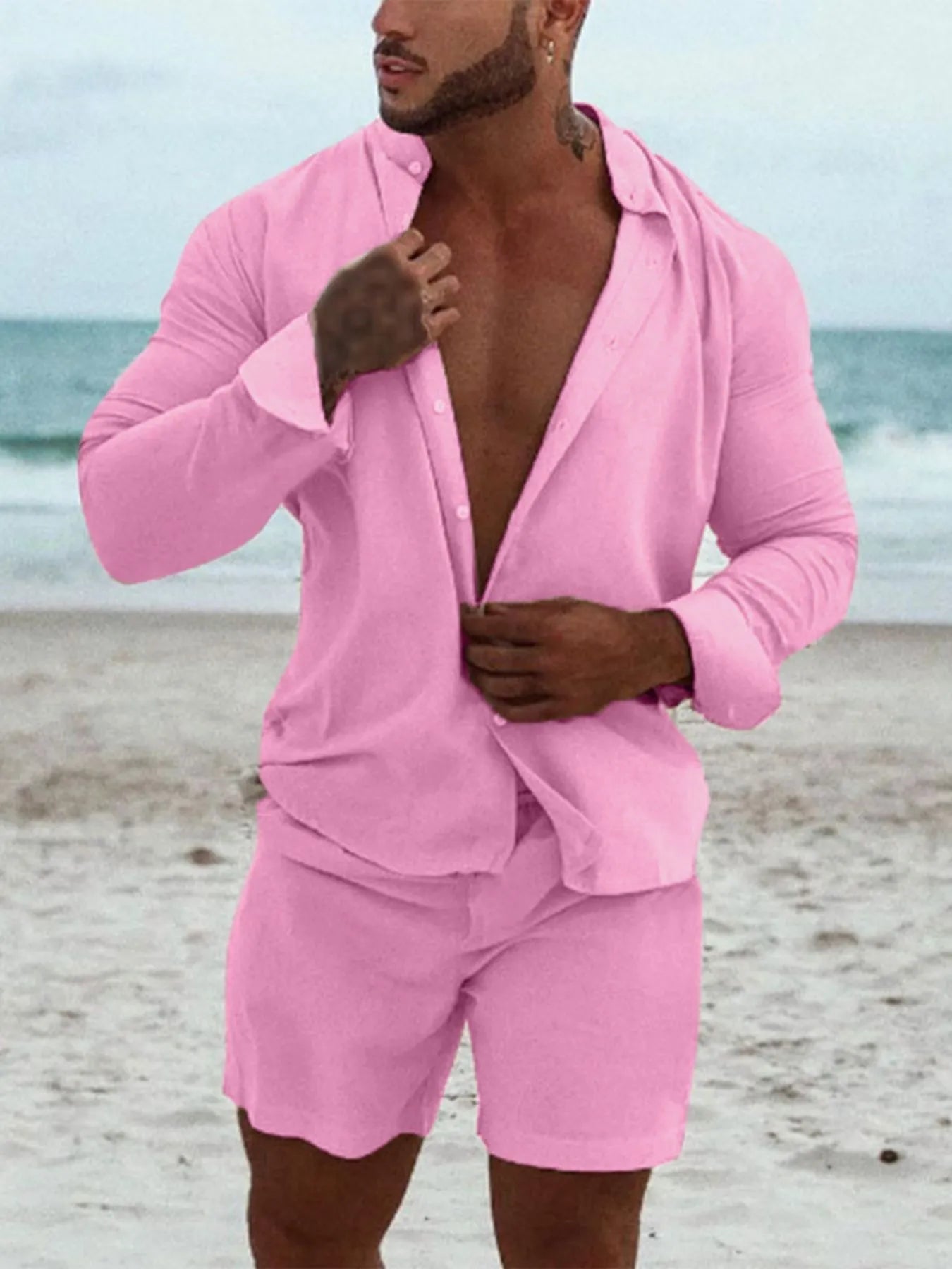 Men's Full Size Button Up Long Sleeve Shirt and Shorts Set Plus Size - Luxé Lane