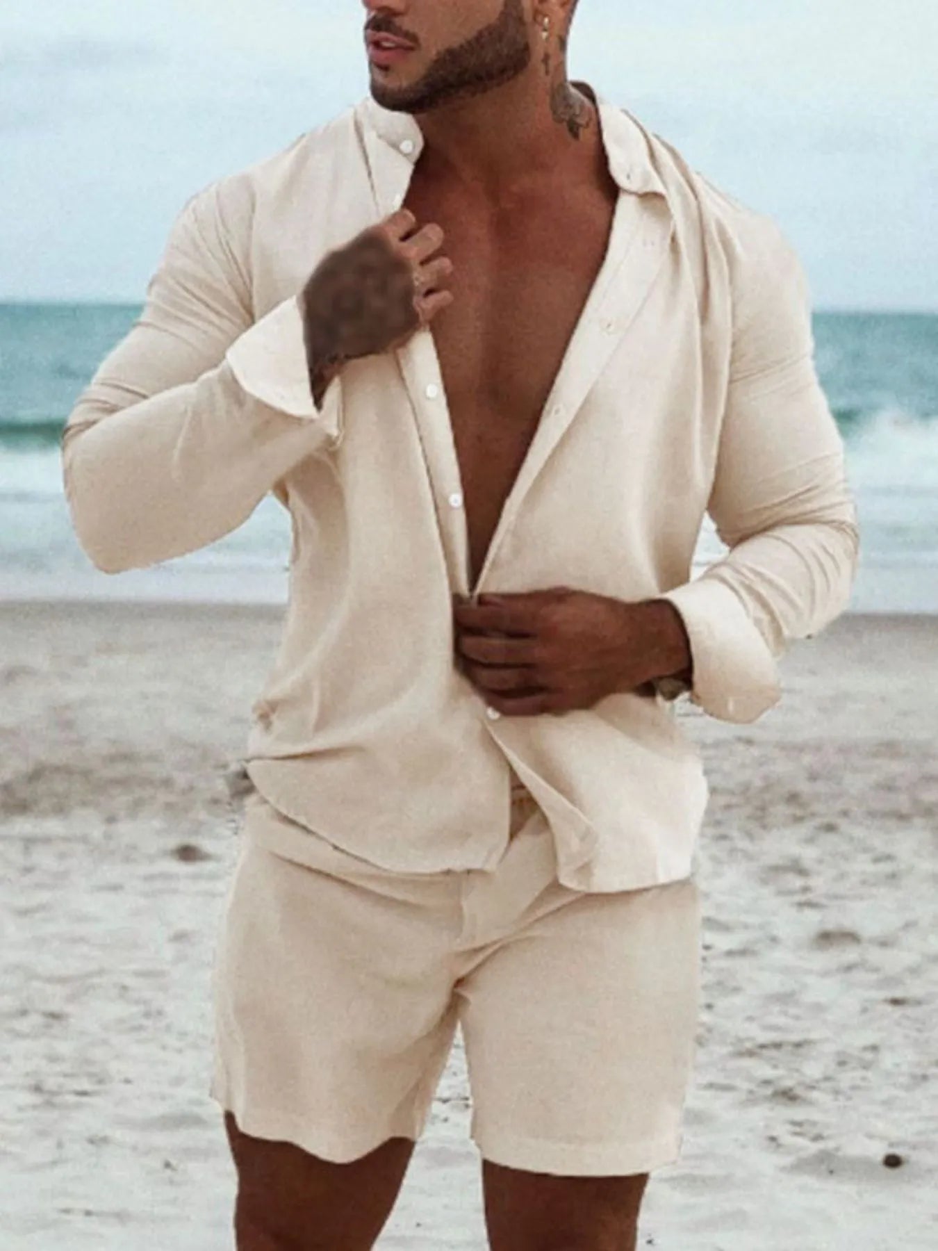 Men's Full Size Button Up Long Sleeve Shirt and Shorts Set Plus Size - Luxé Lane