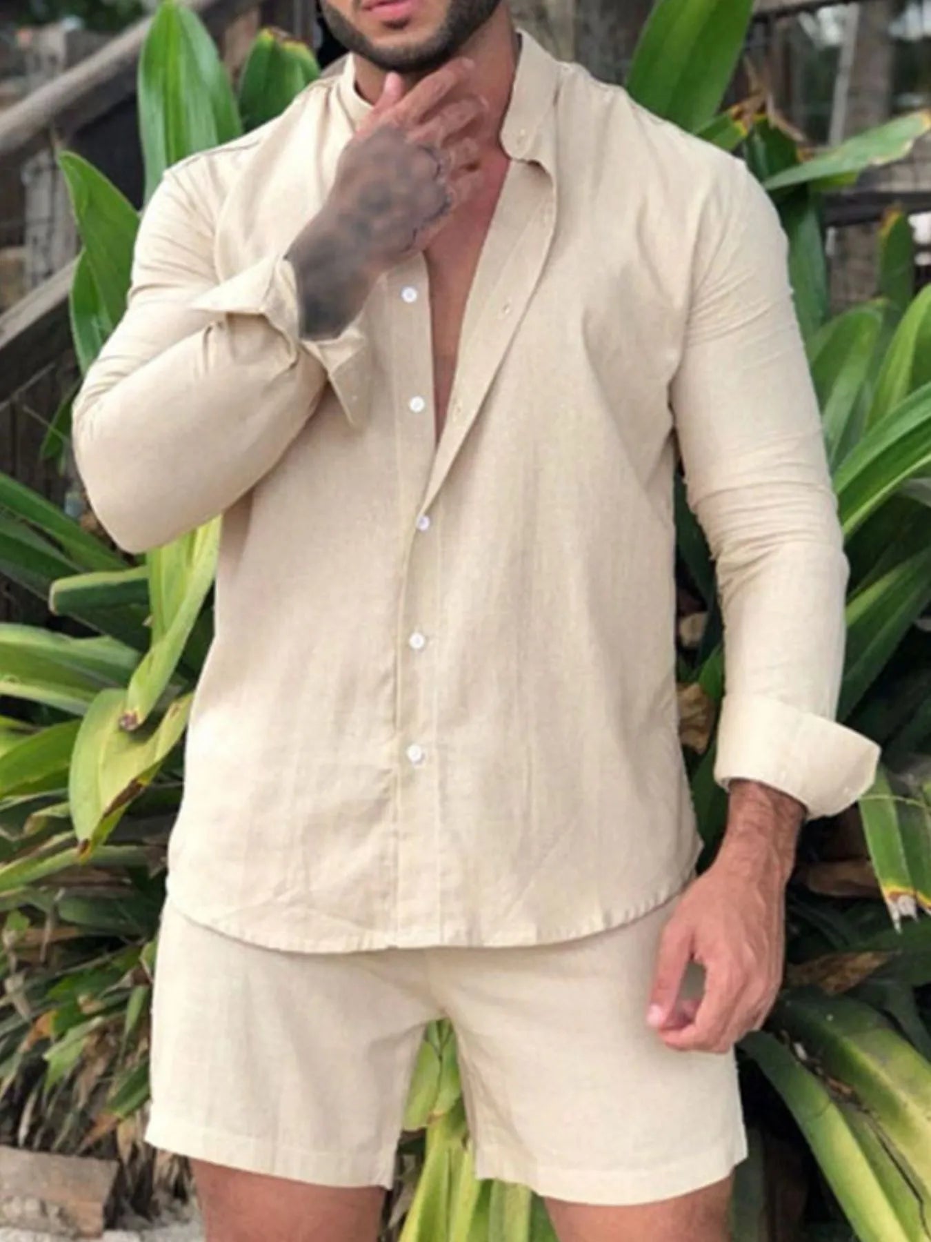 Men's Full Size Button Up Long Sleeve Shirt and Shorts Set Plus Size - Luxé Lane