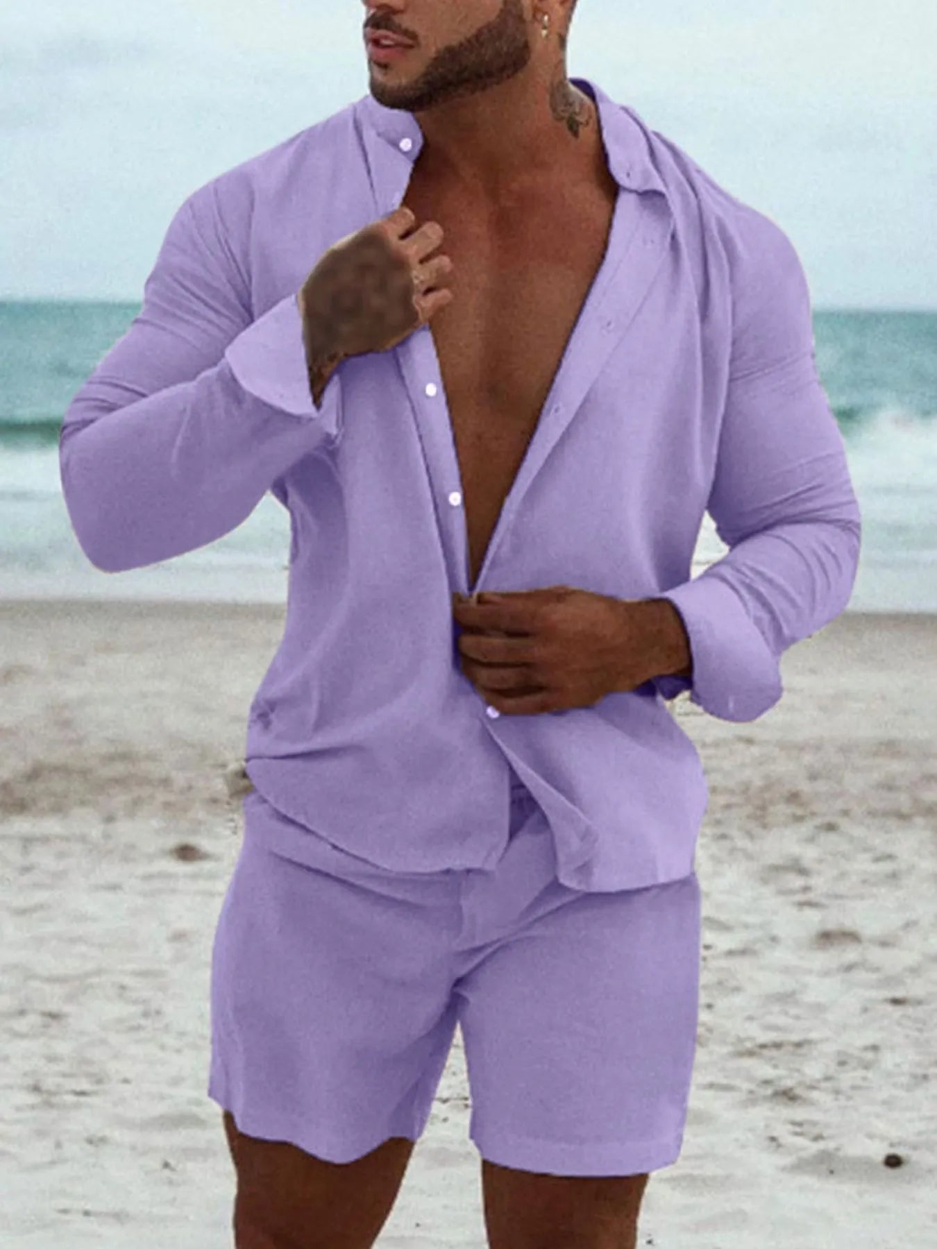 Men's Full Size Button Up Long Sleeve Shirt and Shorts Set Plus Size - Luxé Lane