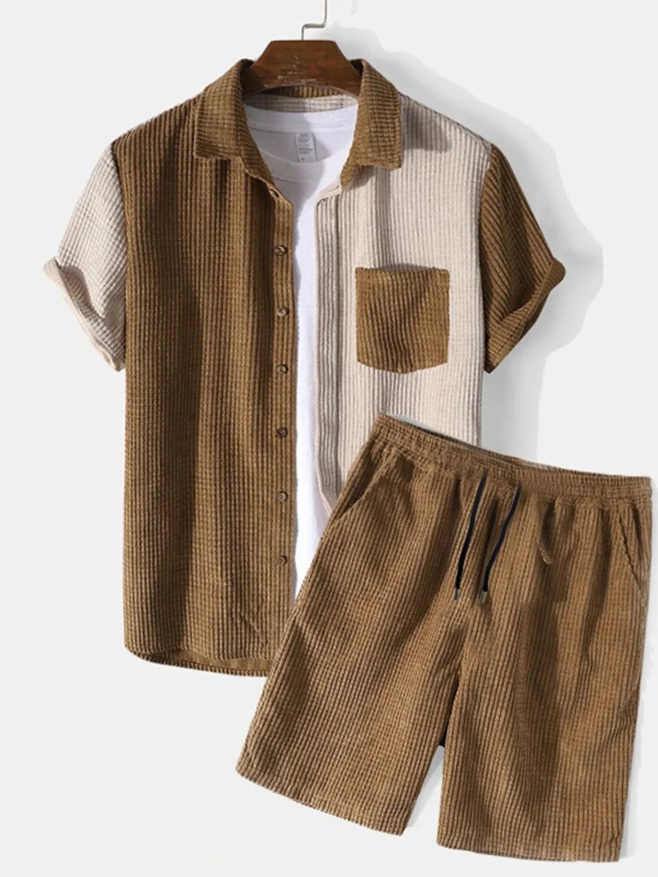 Men's Full Size Color Block Button Up Shirt and Shorts Set Plus Size - Luxé Lane