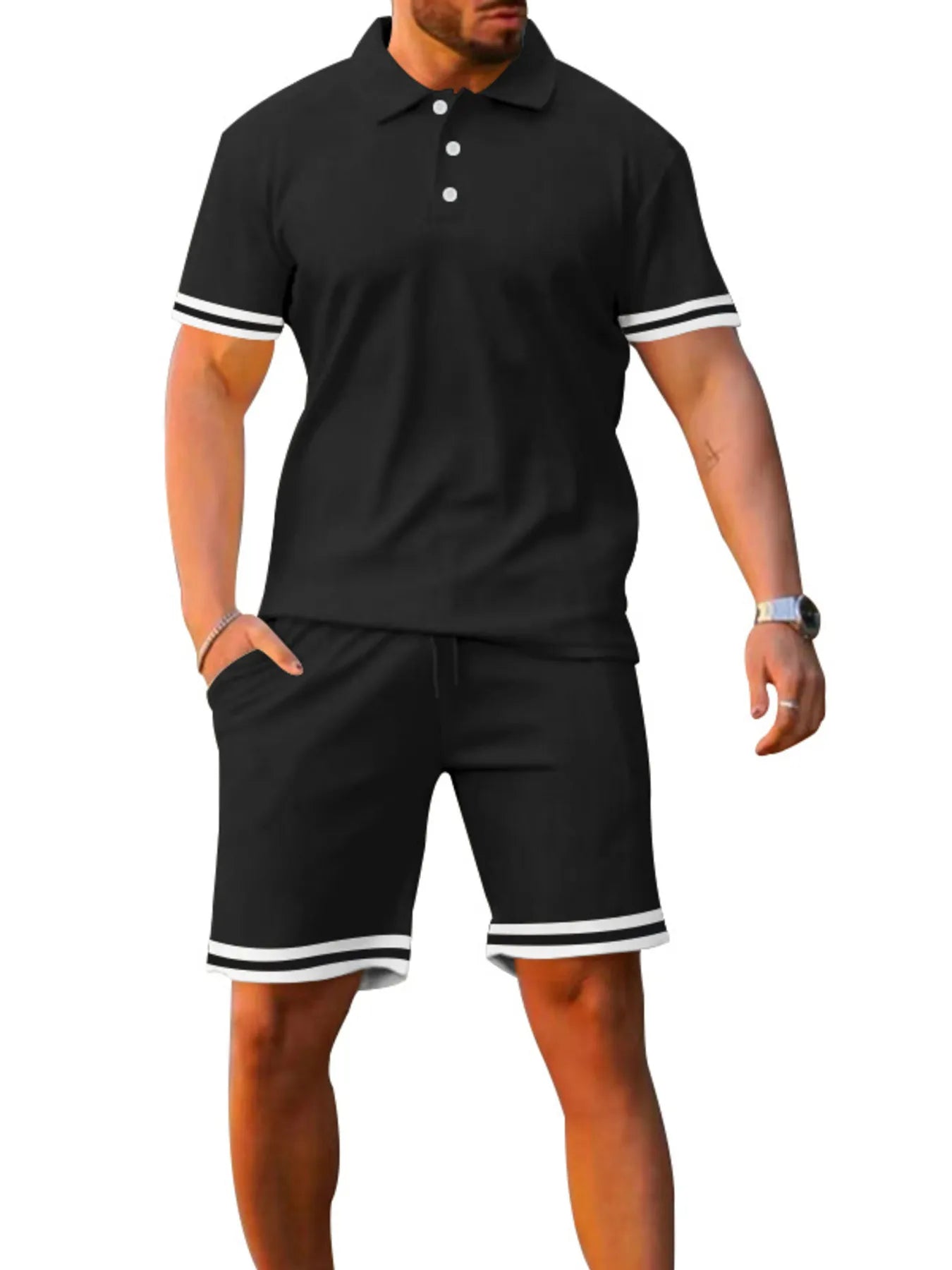Men's Full Size Contrast Trim Polo and Shorts Set Plus Size - Luxé Lane