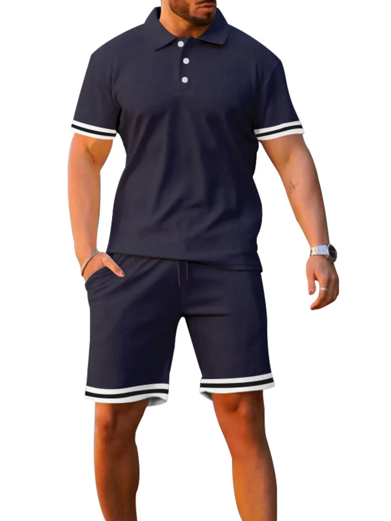 Men's Full Size Contrast Trim Polo and Shorts Set Plus Size - Luxé Lane