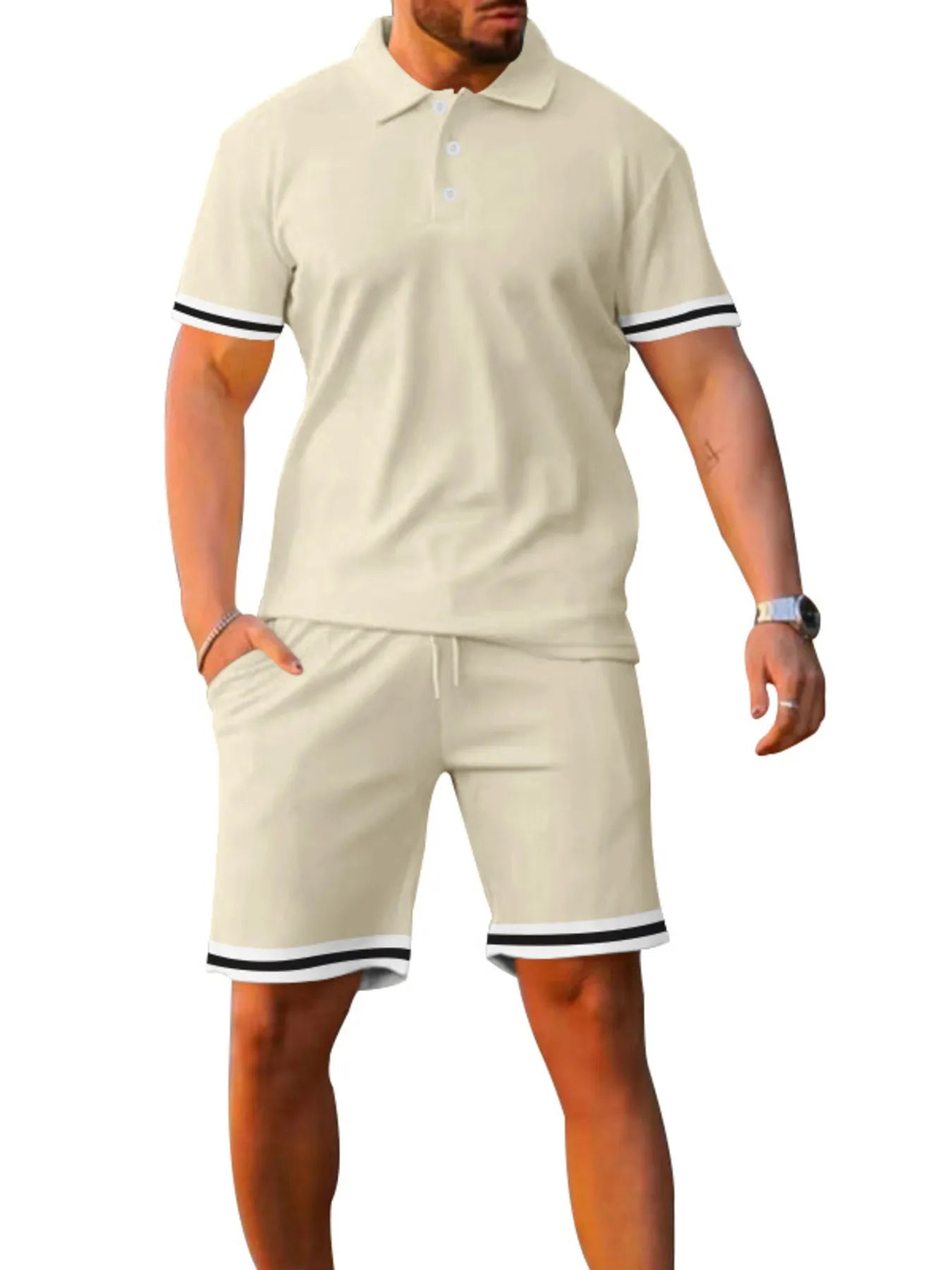 Men's Full Size Contrast Trim Polo and Shorts Set Plus Size - Luxé Lane