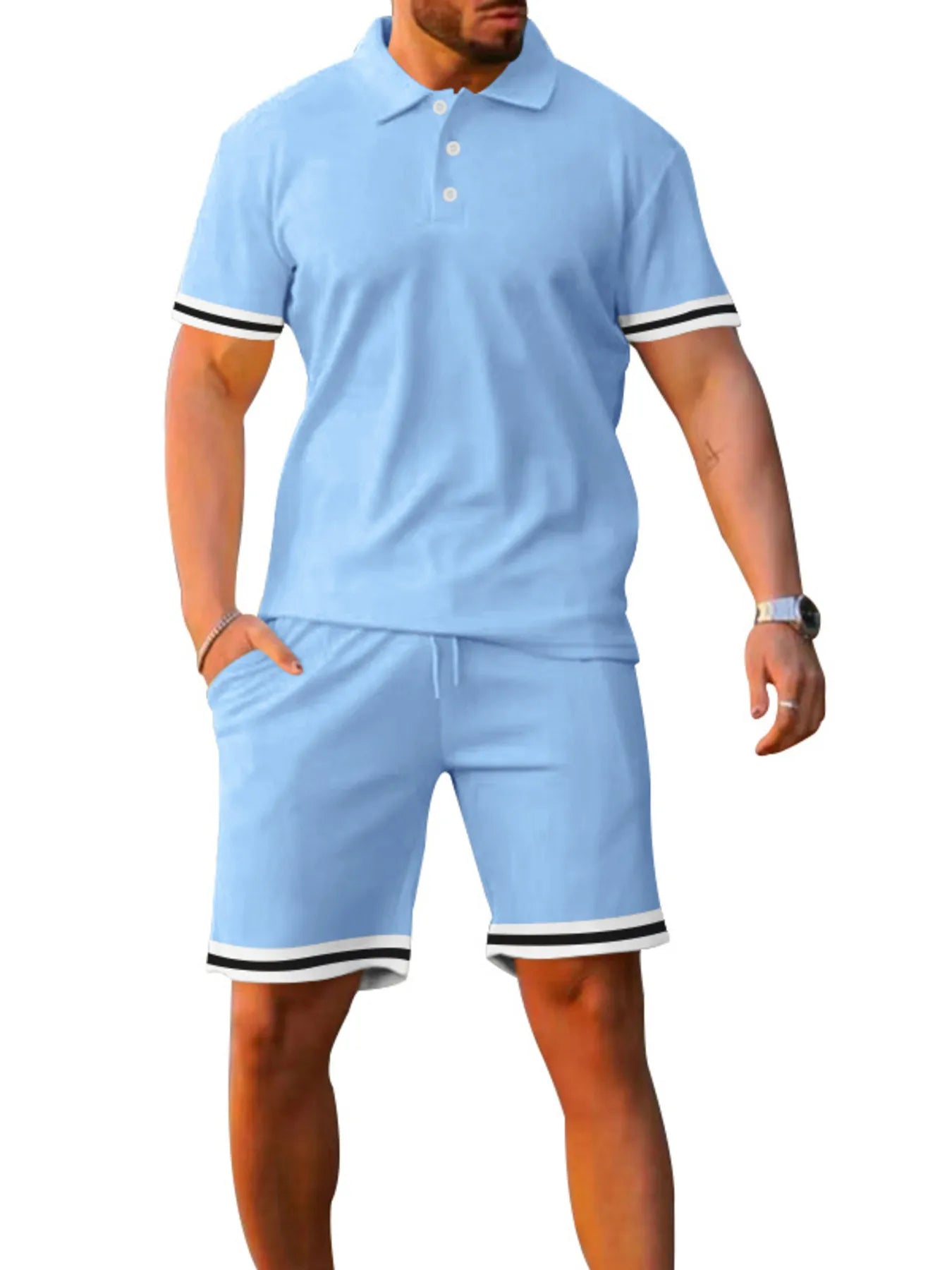 Men's Full Size Contrast Trim Polo and Shorts Set Plus Size - Luxé Lane