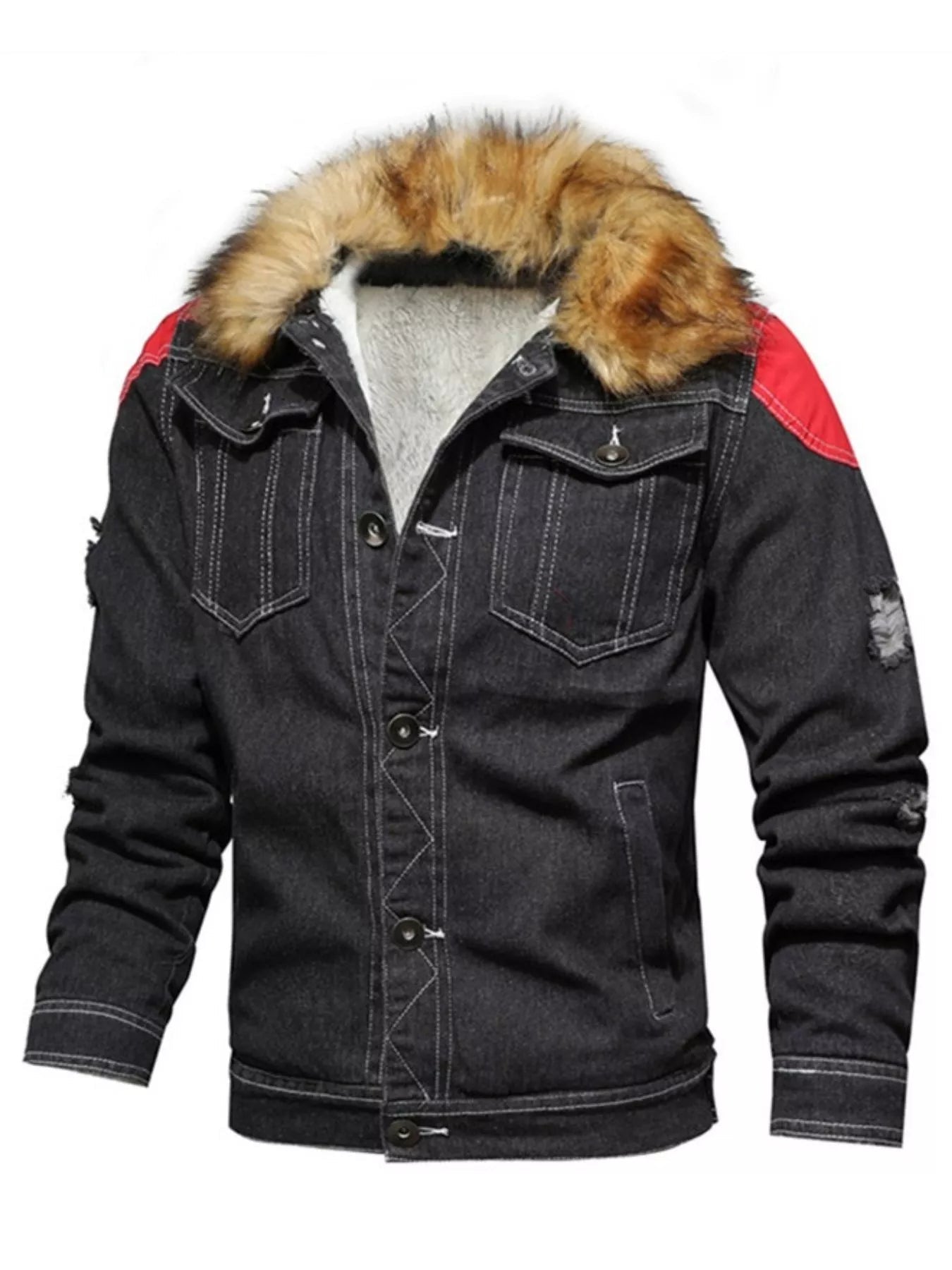 Men's Full Size Faux Fur Collar Denim Jacket Plus Size - Luxé Lane