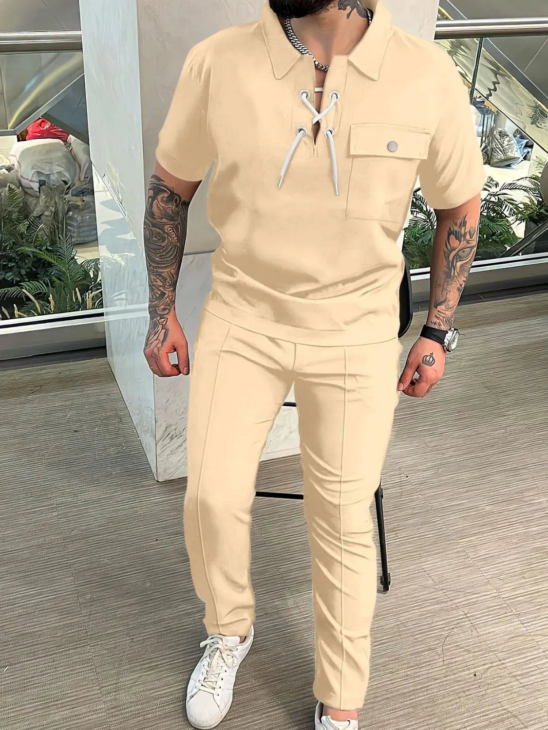 Men's Full Size Lace Up Short Sleeve Top and Pants Plus Size - Luxe Lane Apparel