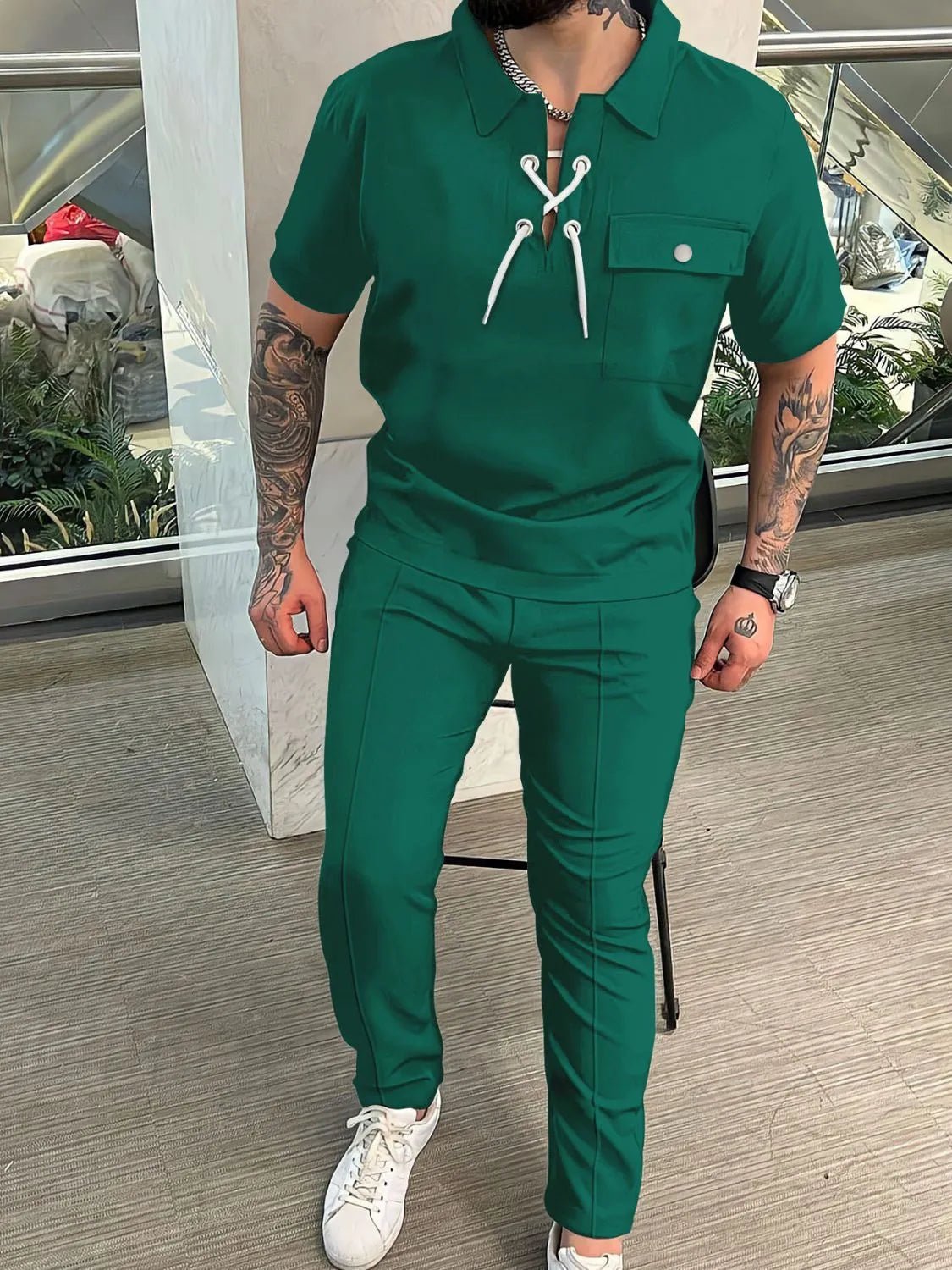 Men's Full Size Lace Up Short Sleeve Top and Pants Plus Size - Luxe Lane Apparel