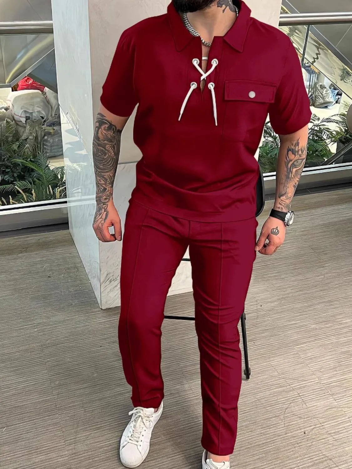 Men's Full Size Lace Up Short Sleeve Top and Pants Plus Size - Luxe Lane Apparel