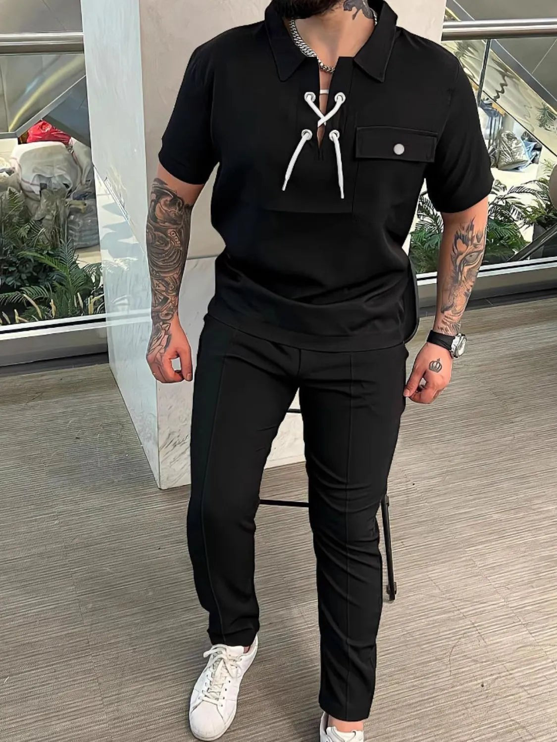 Men's Full Size Lace Up Short Sleeve Top and Pants Plus Size - Luxe Lane Apparel