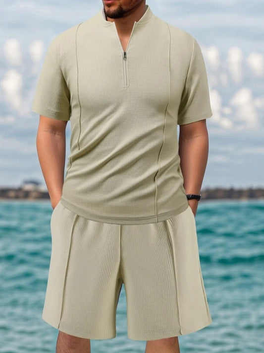 Men's Full Size Zip Front Short Sleeve Top and Shorts Set Plus Size - Luxé Lane