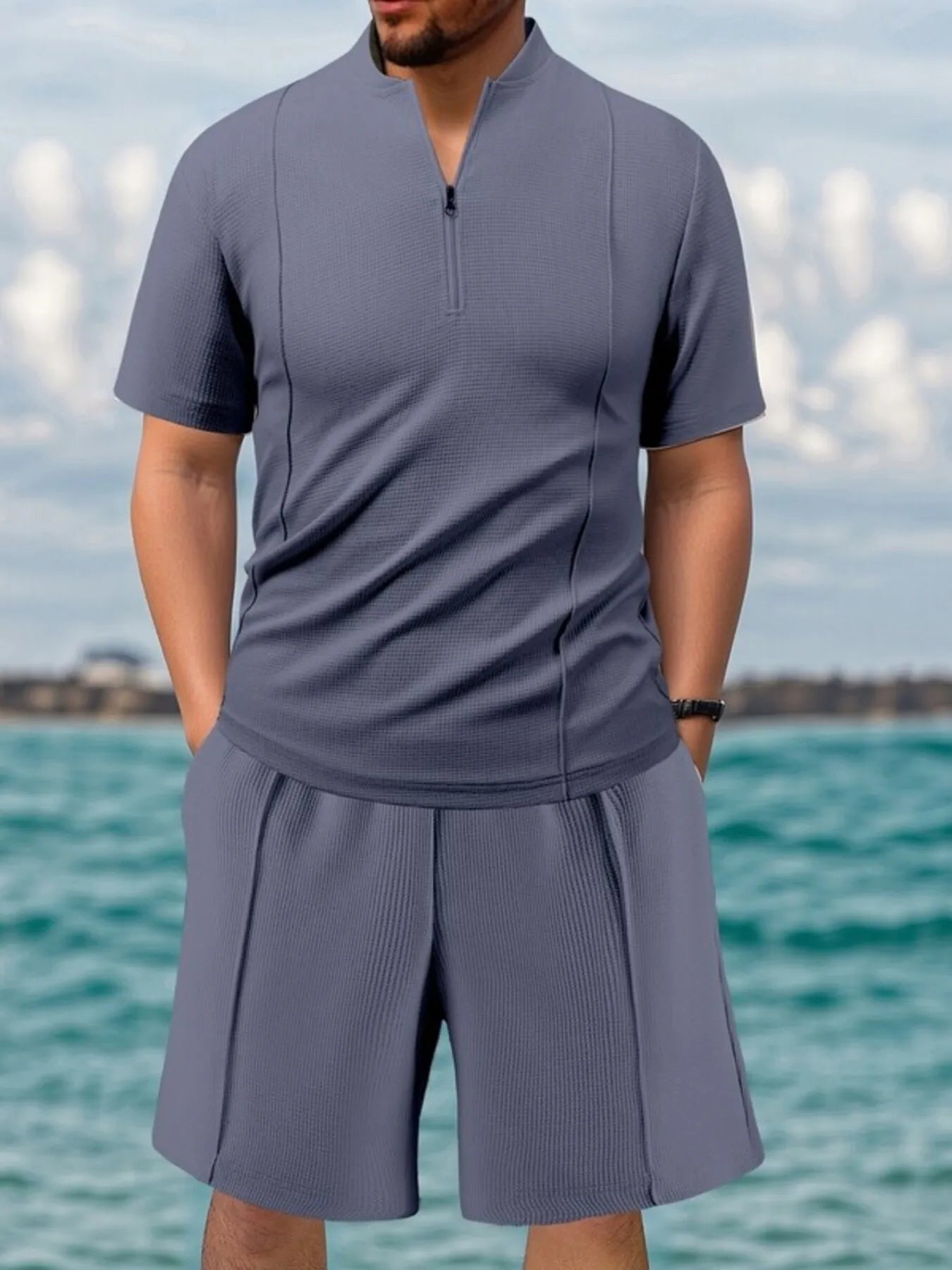 Men's Full Size Zip Front Short Sleeve Top and Shorts Set Plus Size - Luxé Lane