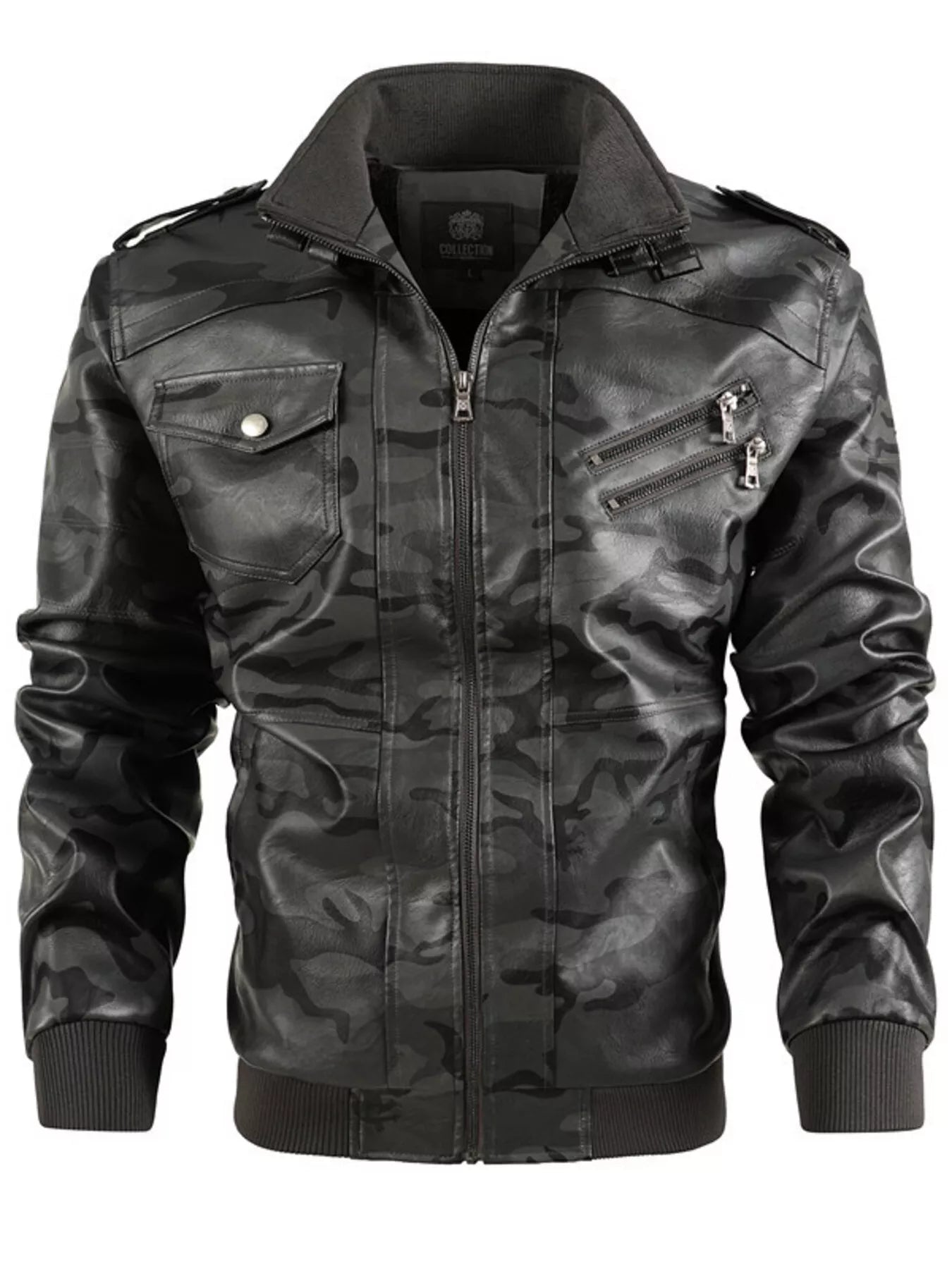 Men's Full Size Zip Up Camouflage Faux Leather Jacket Plus Size - Luxé Lane