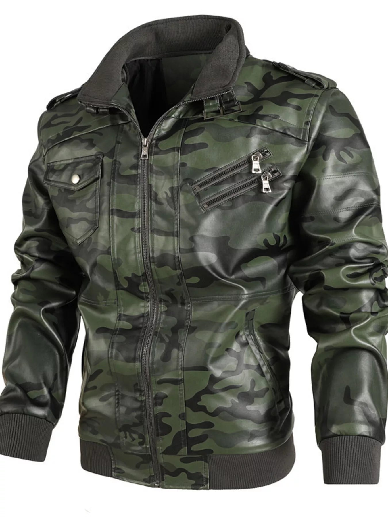 Men's Full Size Zip Up Camouflage Faux Leather Jacket Plus Size - Luxé Lane