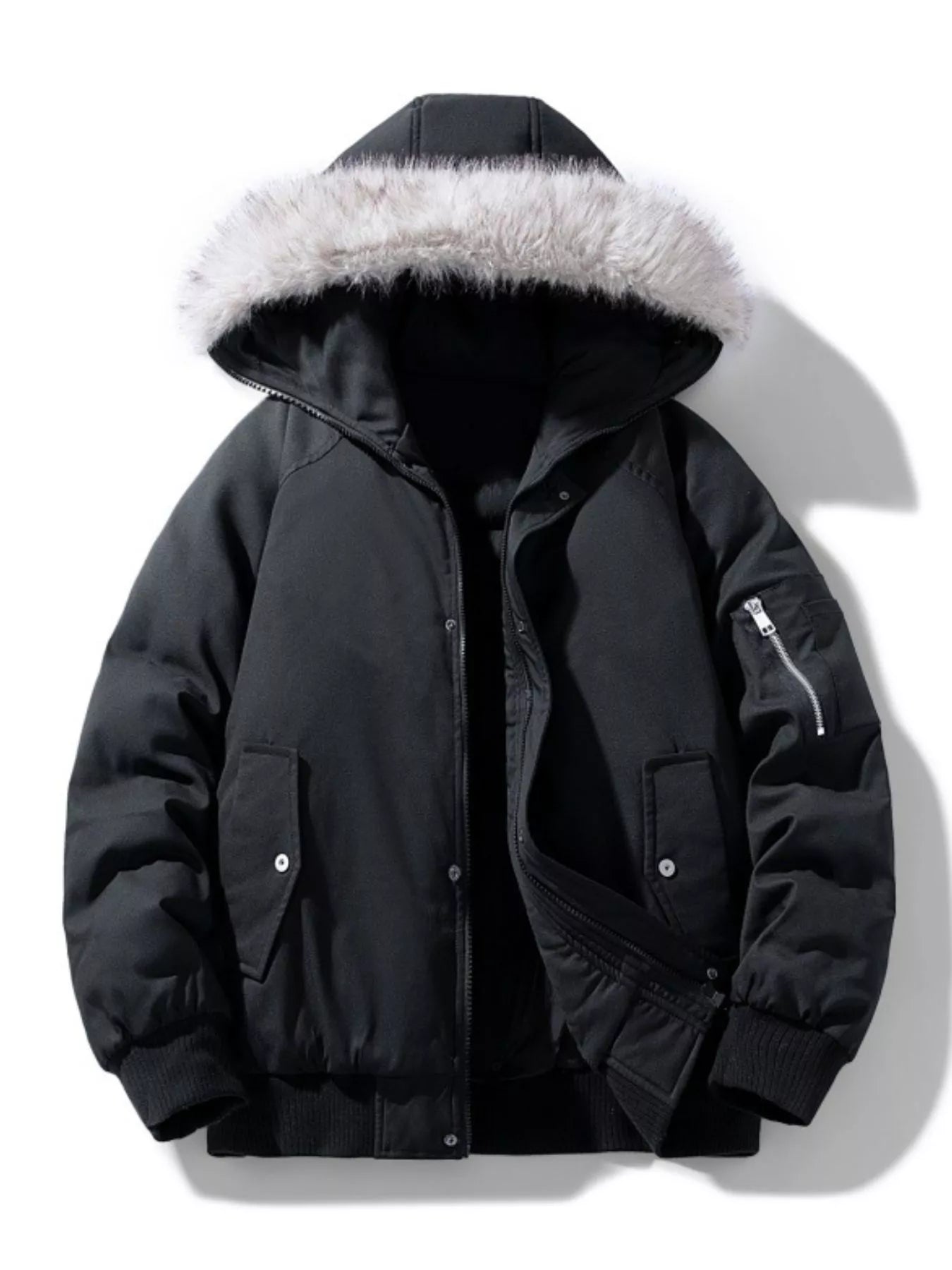 Men's Plus Size Faux Fur Hooded Padded Bomber Jacket - Luxé Lane