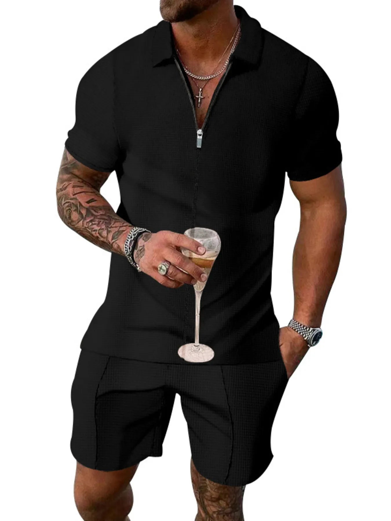 Men's Plus Size Zip Up Short Sleeve Top and Shorts Set - Luxé Lane