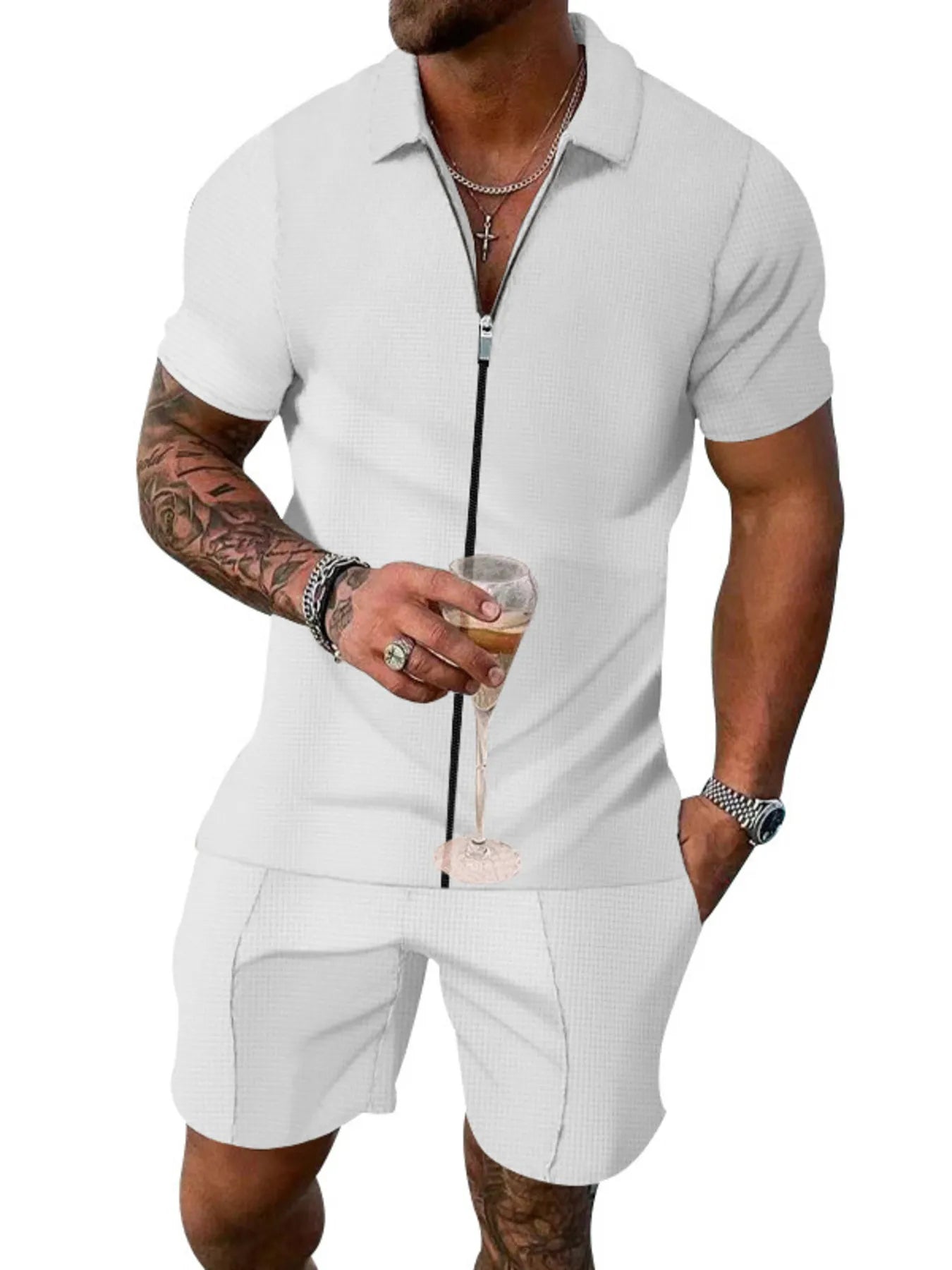Men's Plus Size Zip Up Short Sleeve Top and Shorts Set - Luxé Lane