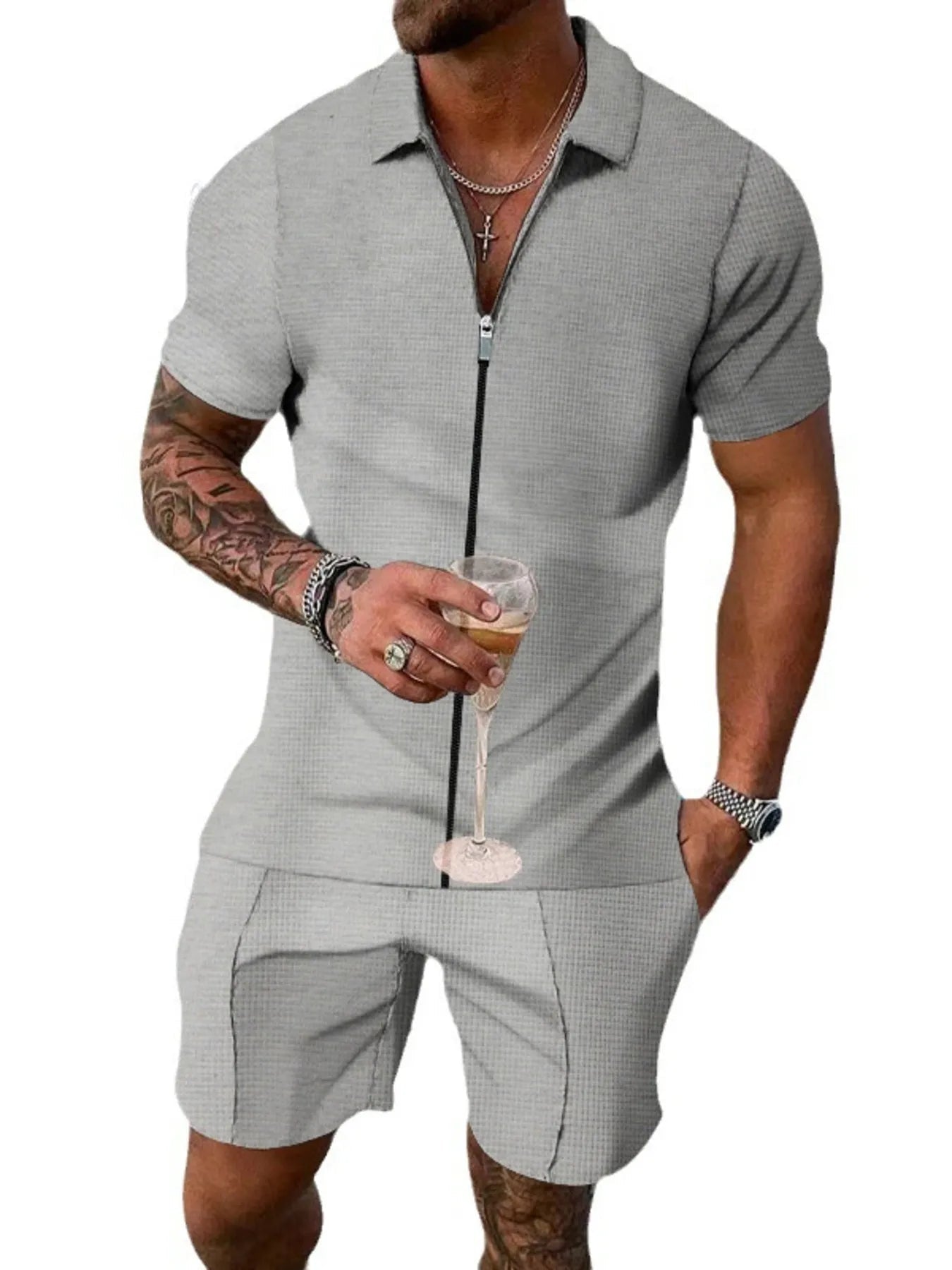 Men's Plus Size Zip Up Short Sleeve Top and Shorts Set - Luxé Lane