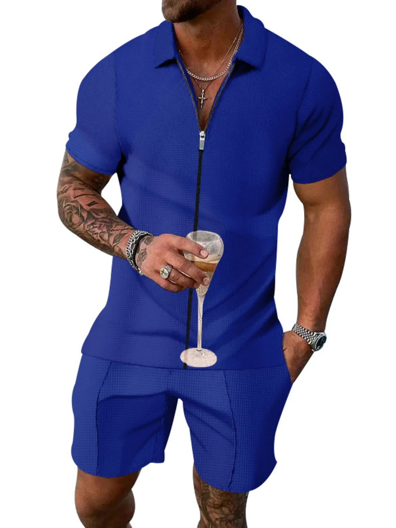 Men's Plus Size Zip Up Short Sleeve Top and Shorts Set - Luxé Lane