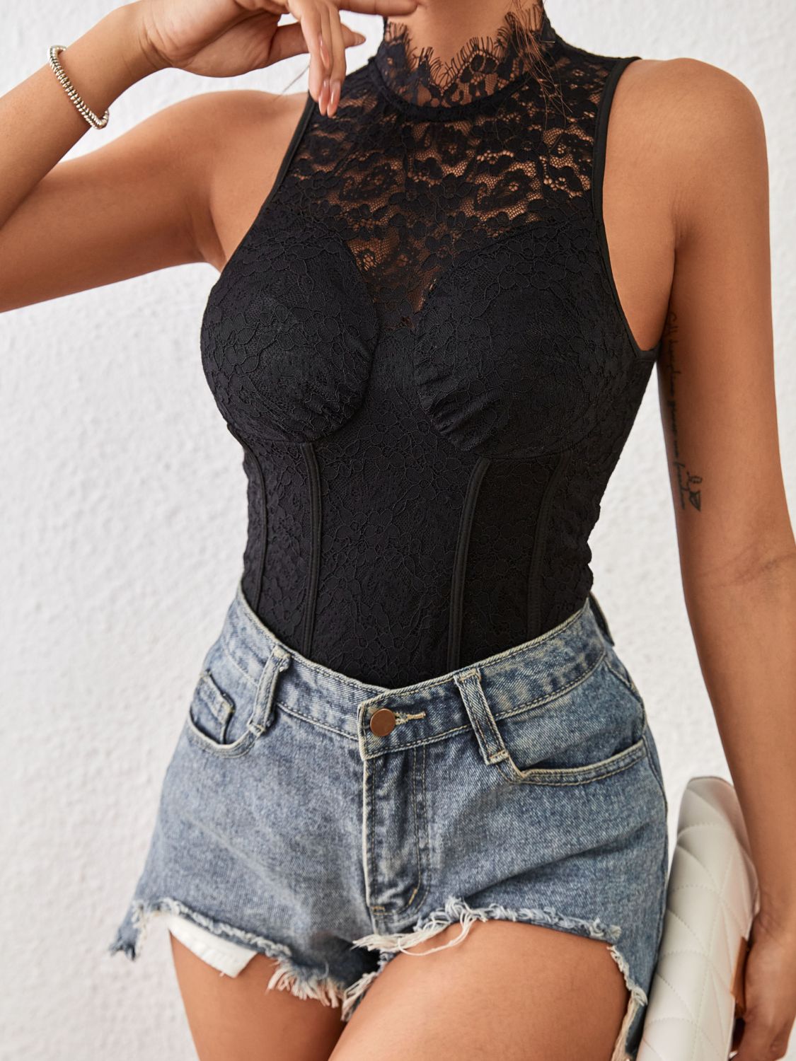 Perfee Mock Neck Sleeveless Lace Bodysuit - Luxe Lane Apparel