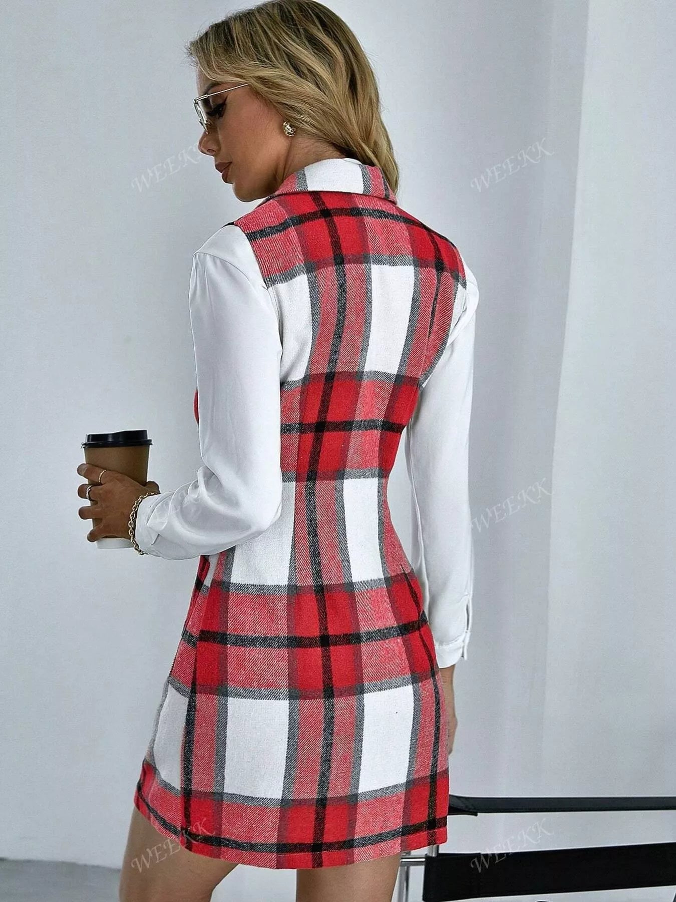 Plaid Double - Breasted Sleeveless Blazer Dress - Luxé Lane