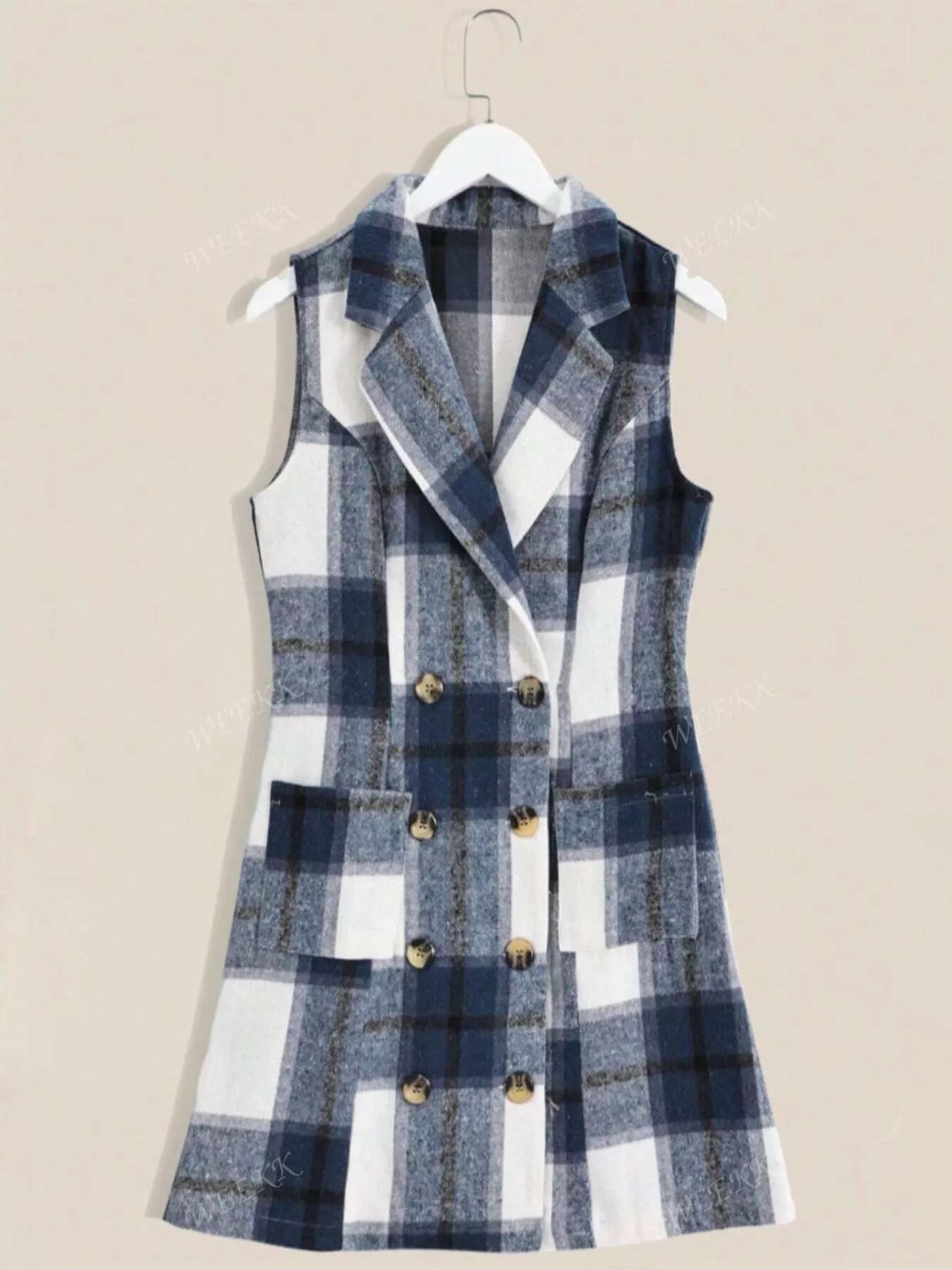 Plaid Double - Breasted Sleeveless Blazer Dress - Luxé Lane