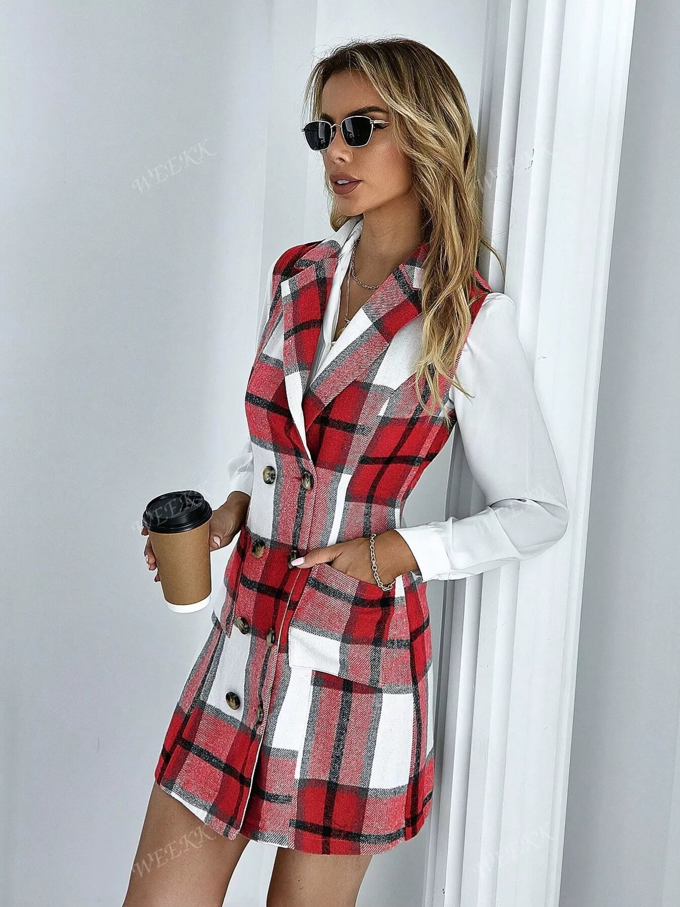 Plaid Double - Breasted Sleeveless Blazer Dress - Luxé Lane