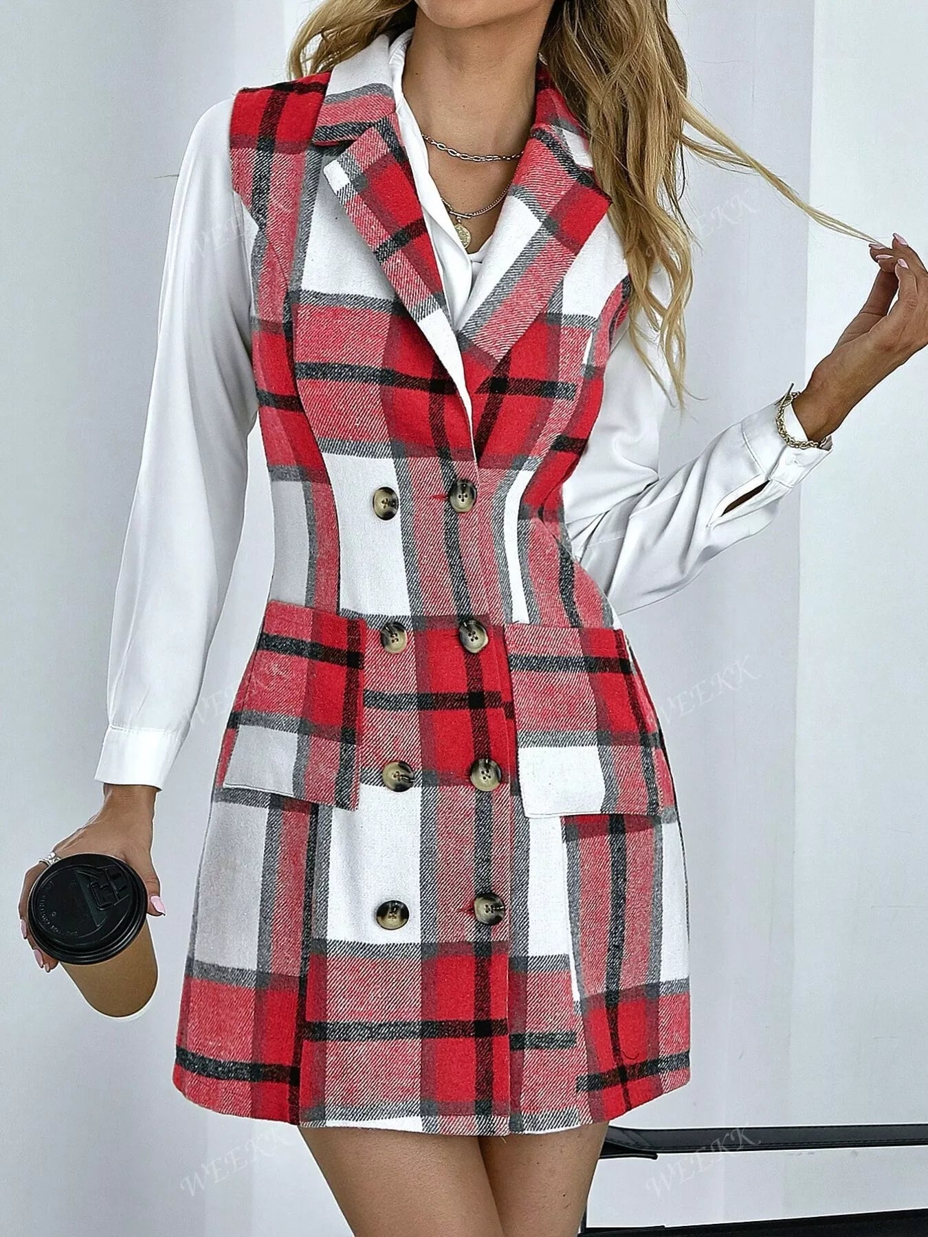 Plaid Double - Breasted Sleeveless Blazer Dress - Luxé Lane
