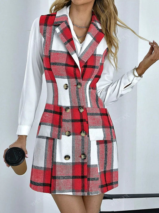 Plaid Double - Breasted Sleeveless Blazer Dress - Luxé Lane