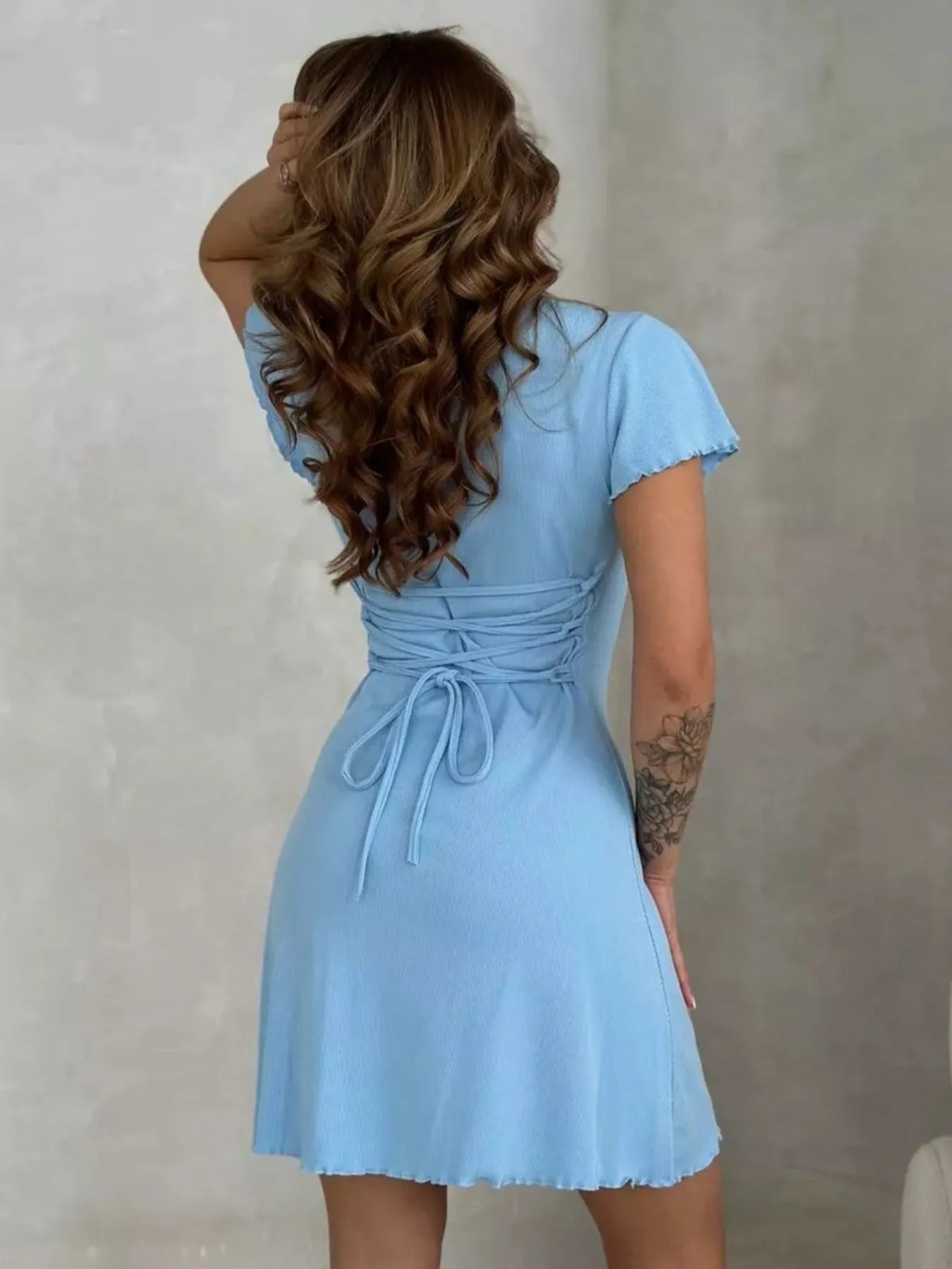 Ribbed Back Lace Up Short Sleeve Mini Dress - Luxe Lane Apparel