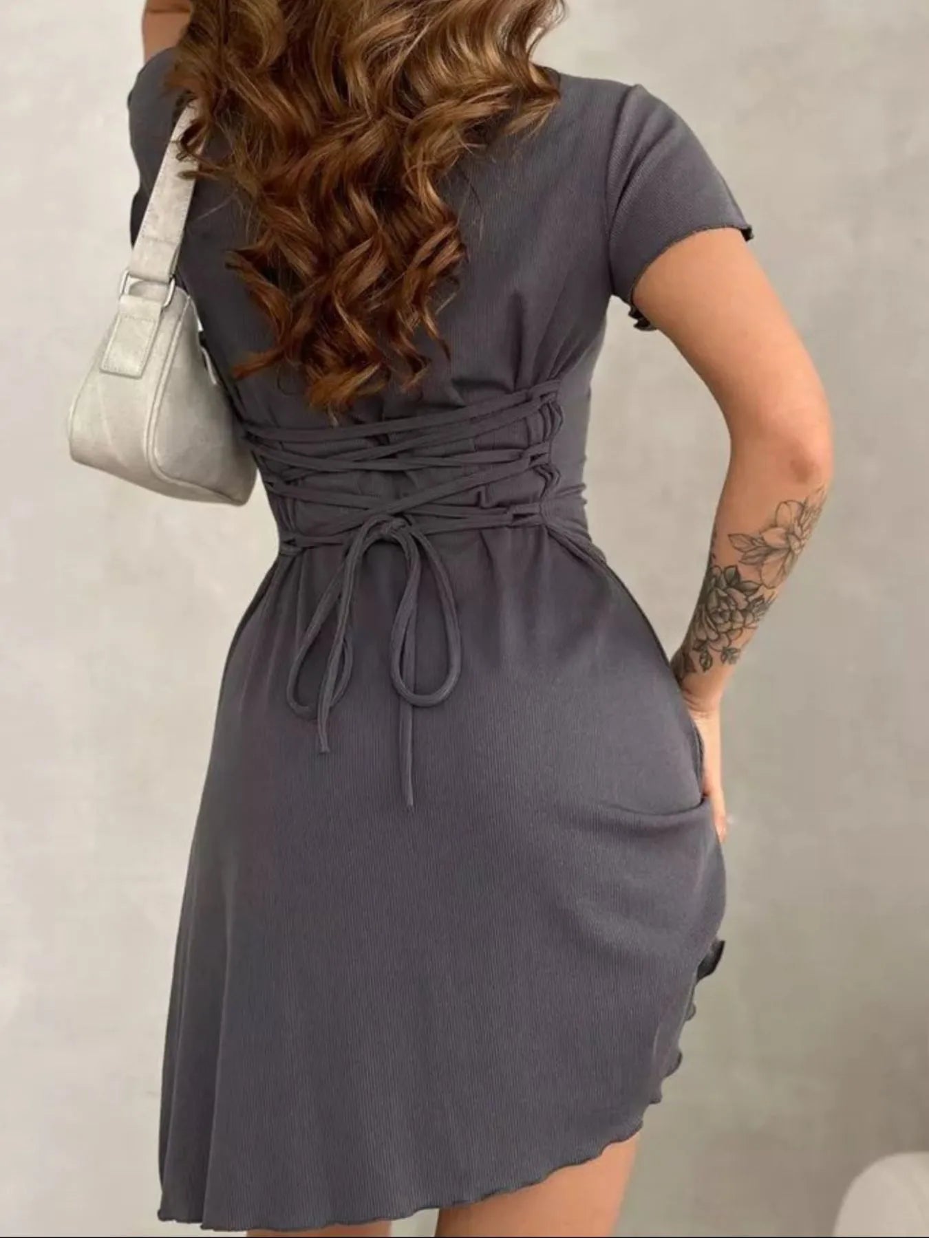 Ribbed Back Lace Up Short Sleeve Mini Dress - Luxe Lane Apparel