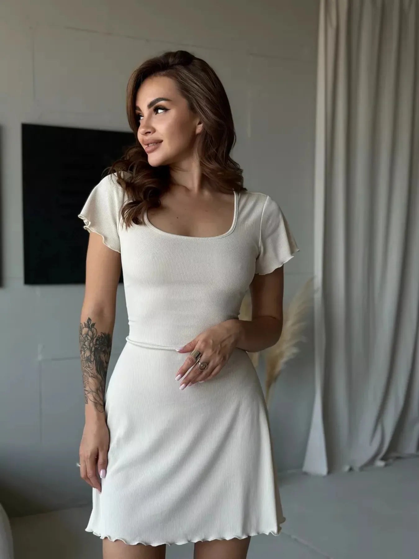 Ribbed Back Lace Up Short Sleeve Mini Dress - Luxe Lane Apparel