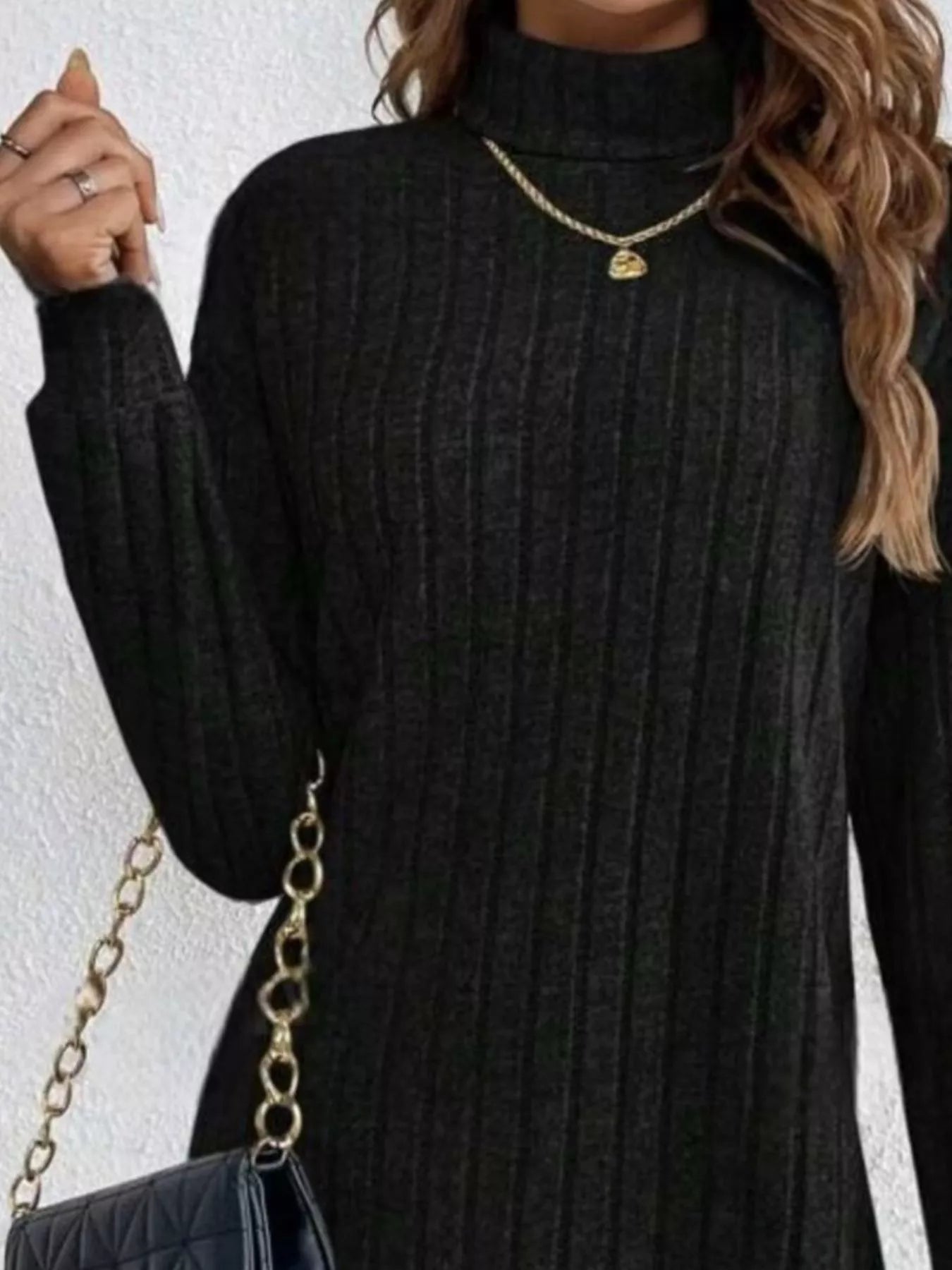 Ribbed Knit Turtleneck Mini Dress - Luxe Lane Apparel