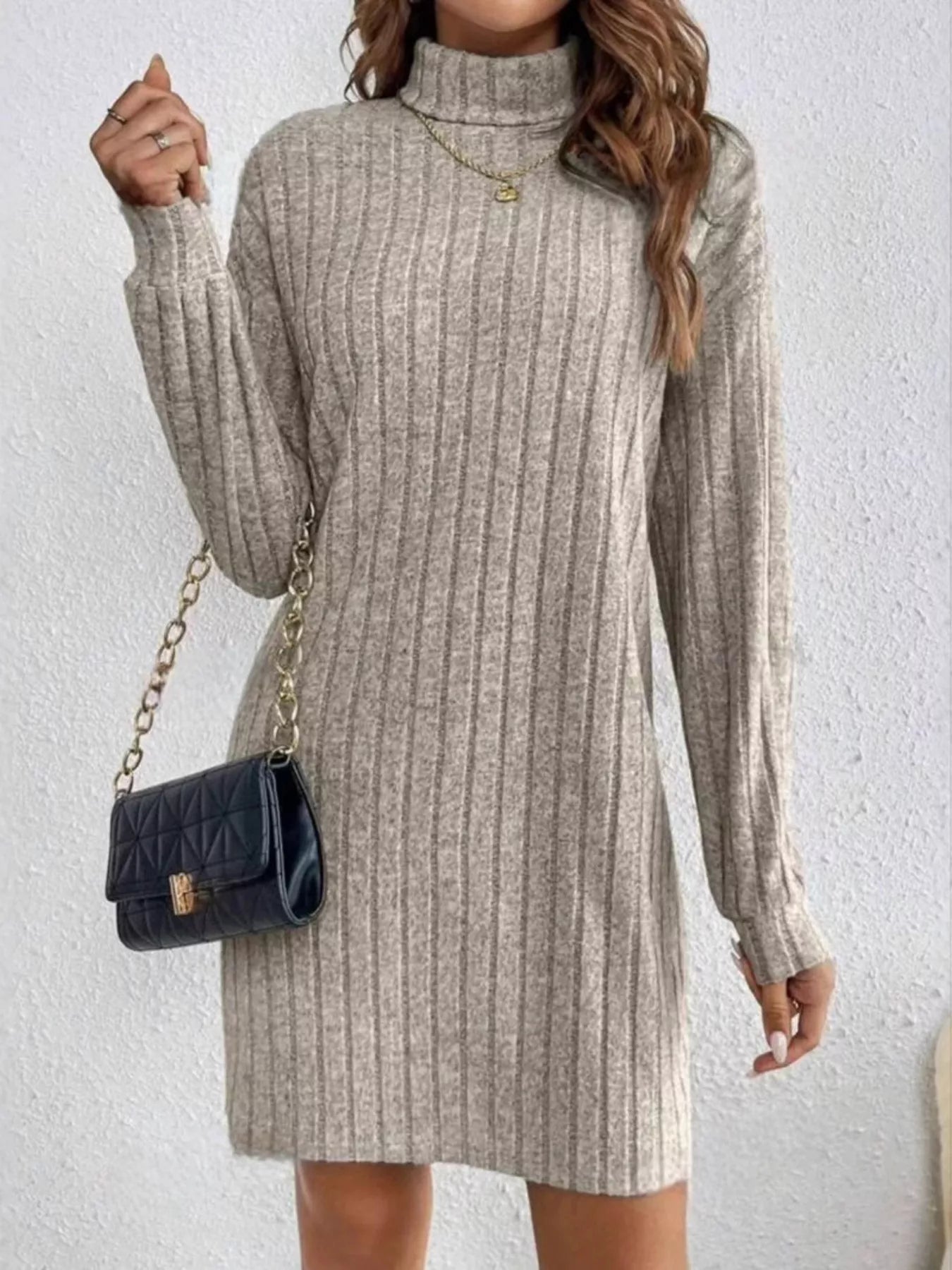 Ribbed Knit Turtleneck Mini Dress - Luxe Lane Apparel