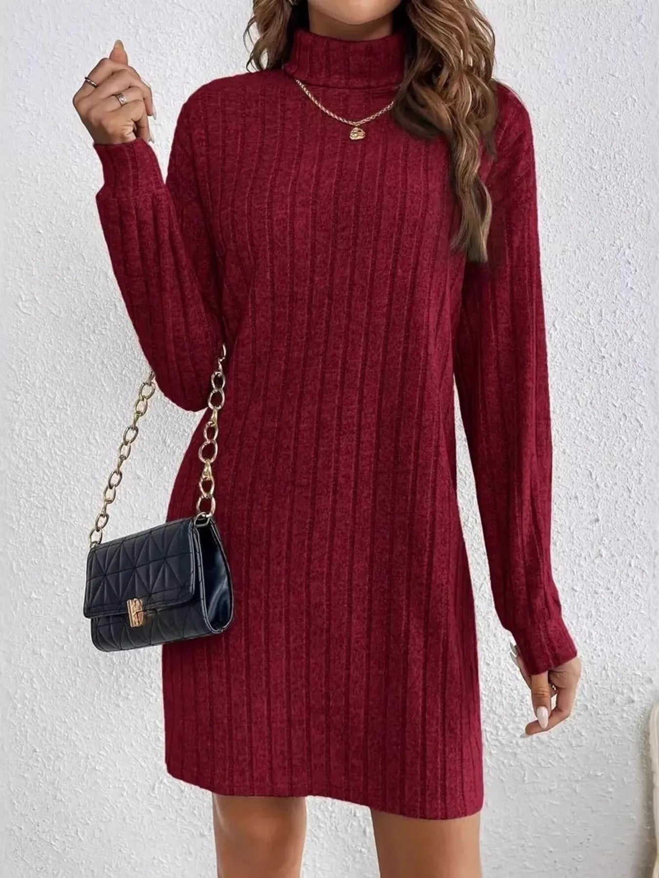 Ribbed Knit Turtleneck Mini Dress - Luxe Lane Apparel