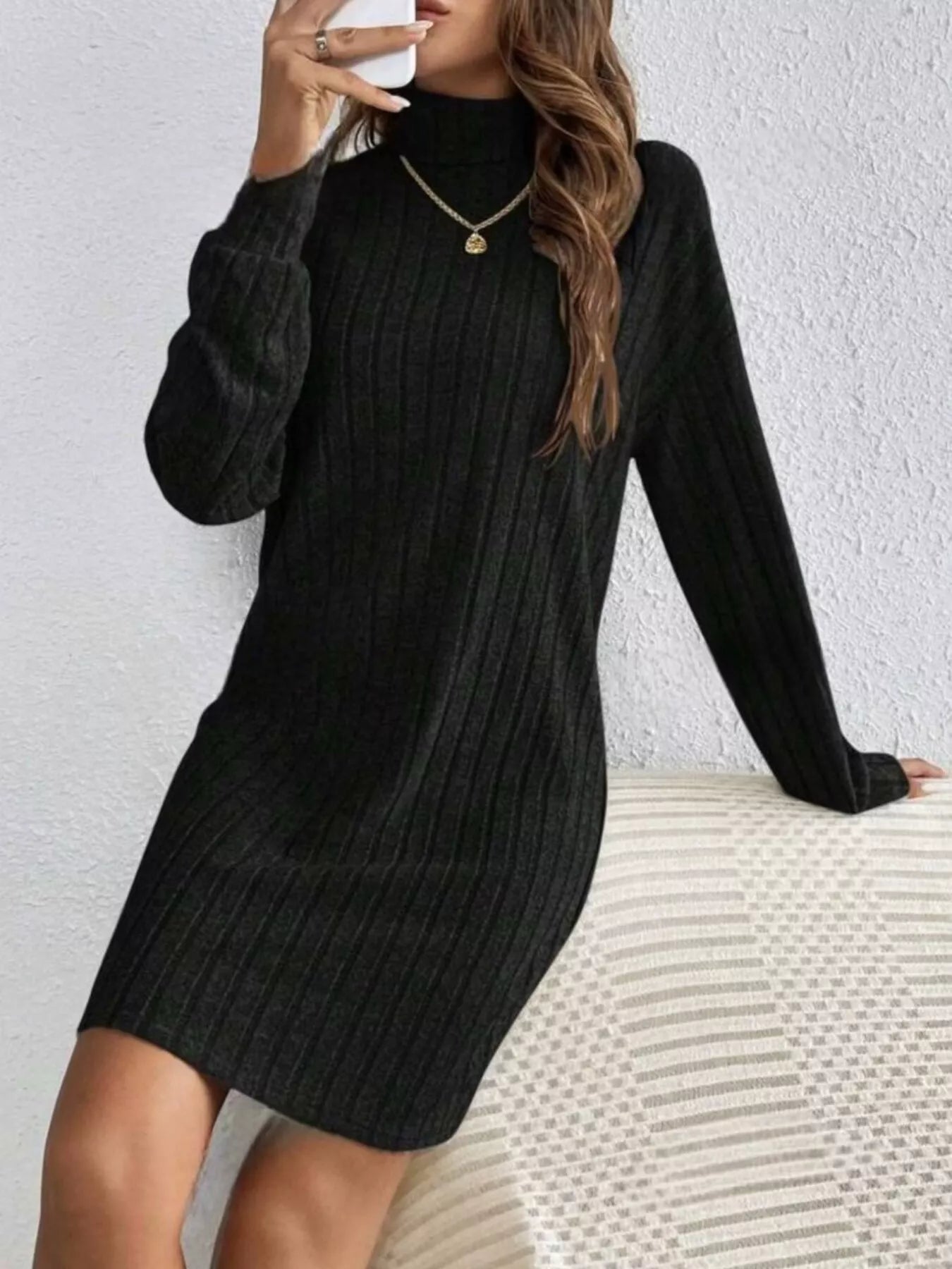 Ribbed Knit Turtleneck Mini Dress - Luxe Lane Apparel