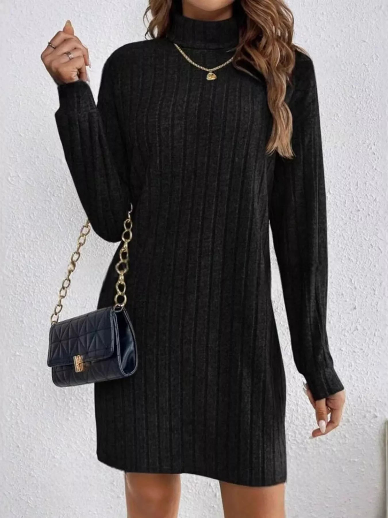 Ribbed Knit Turtleneck Mini Dress - Luxe Lane Apparel