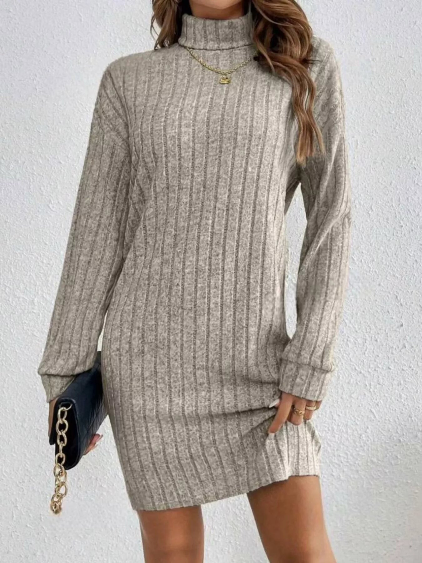 Ribbed Knit Turtleneck Mini Dress - Luxe Lane Apparel
