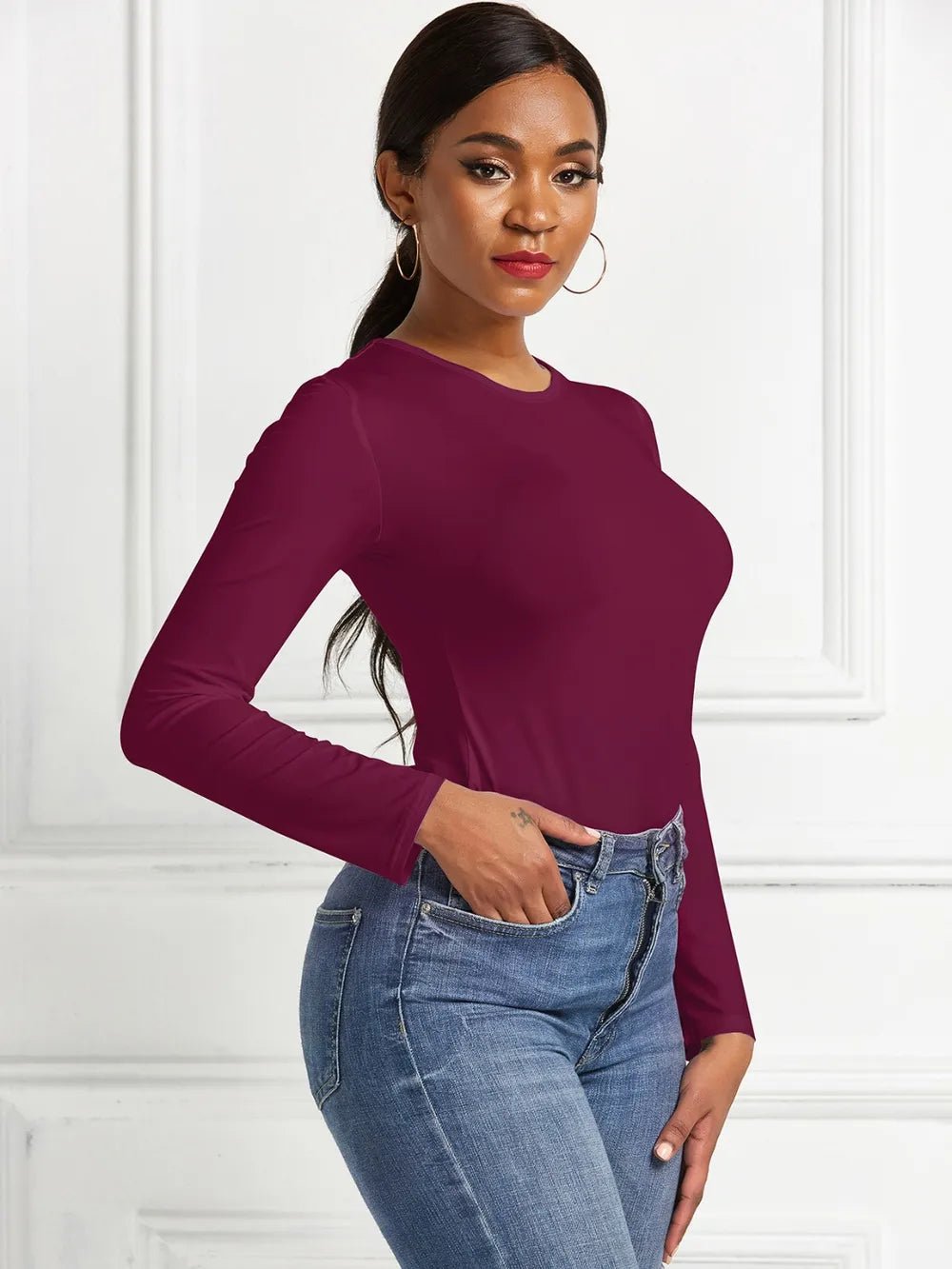 Round Neck Long Sleeve Bodysuit - Luxe Lane Apparel